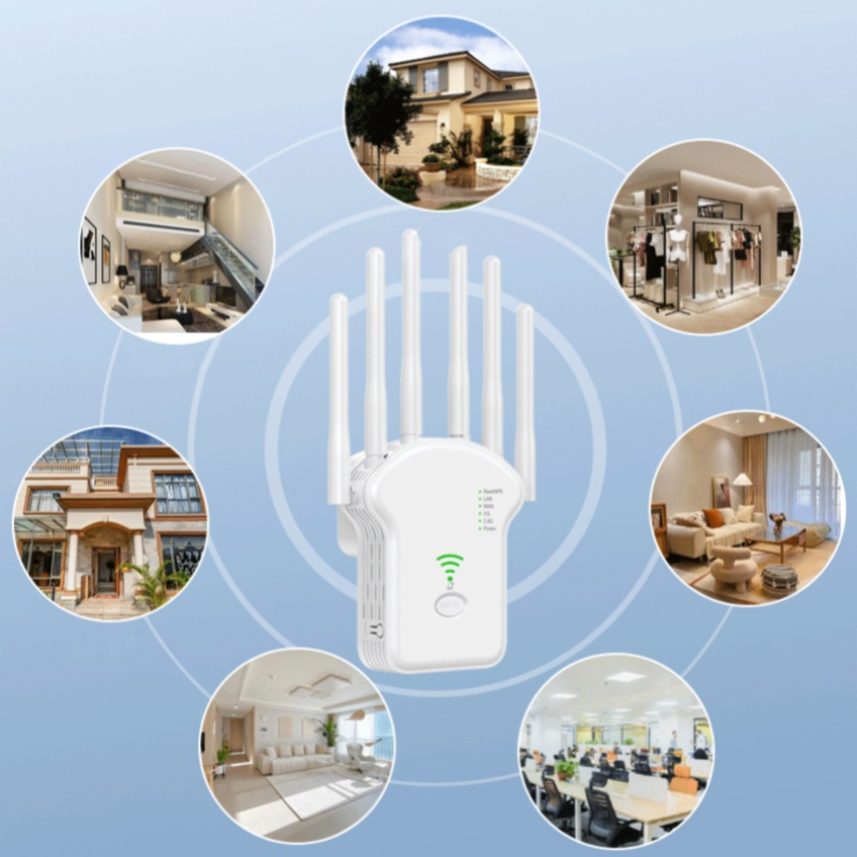 Ein weißer WLAN-Router mit Antennen, umgeben von Bildern verschiedener Räume.