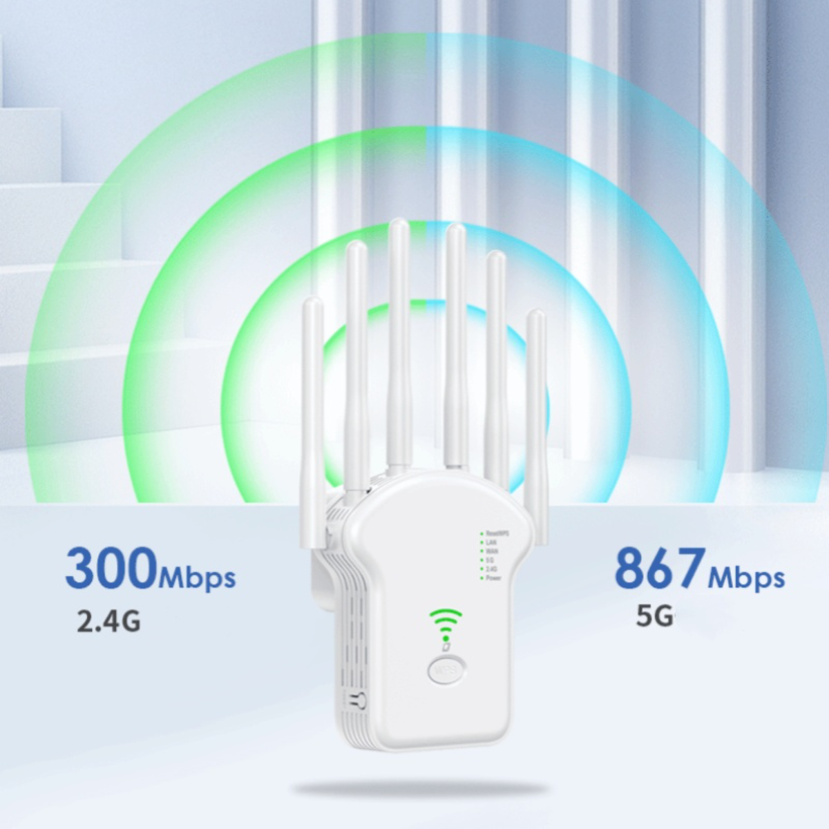 Weißer WLAN-Repeater mit Antennen. Grüne und blaue Signalringe mit Mbps-Werten, 2,4G- und 5G-Labels.