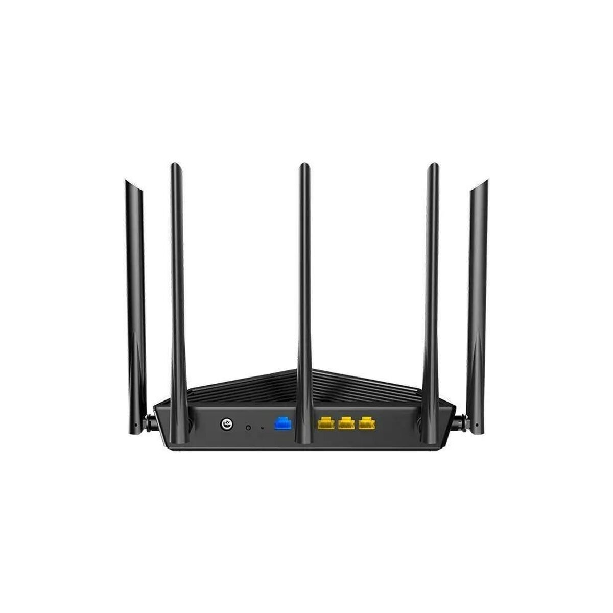 Schwarzer WLAN-Router mit Antennen. Zeigt die Rückseite mit Anschlüssen. Weißer Hintergrund.