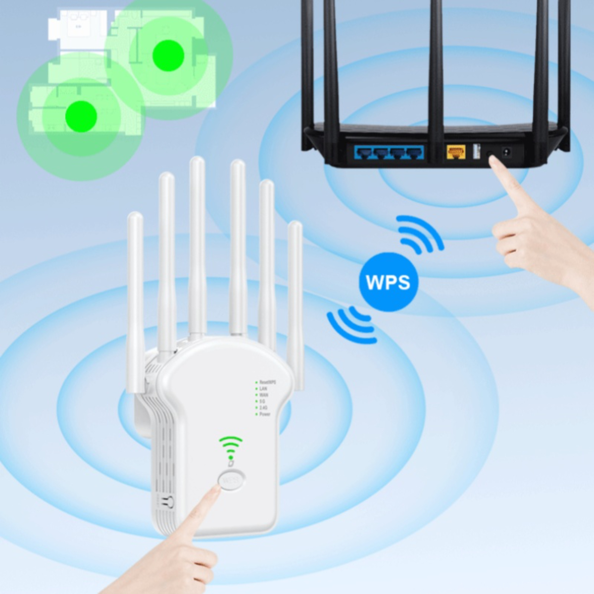 WLAN-Extender mit Antennen, Routern und Hand, die auf WPS-Taste und Extender zeigt.