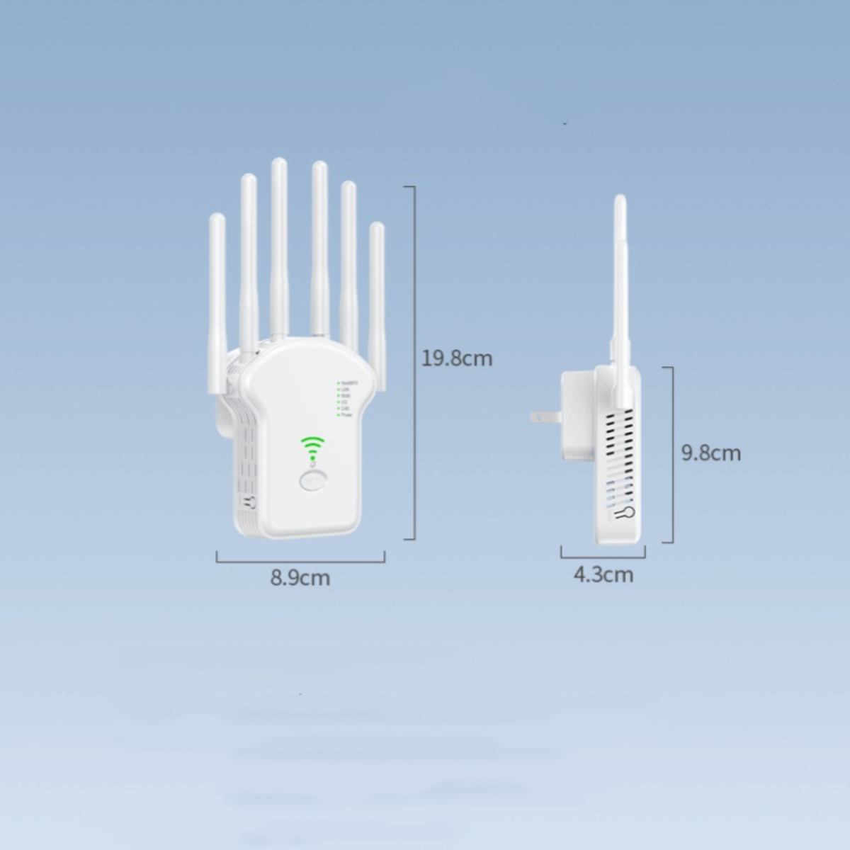 Weißer WLAN-Repeater mit Antennen, Abmessungen in Zentimetern angegeben.