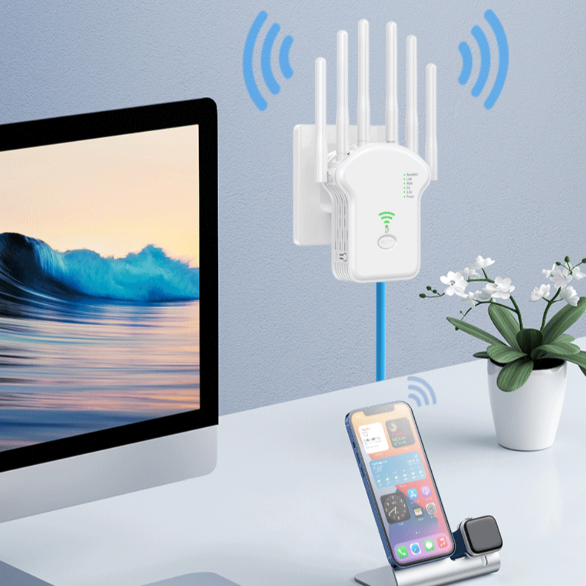 WLAN-Router an der Wand mit Antennen, verbunden mit Telefon und Computer.