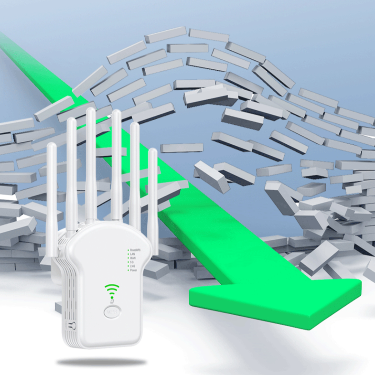 Weißer Router mit Antennen, grüner Pfeil durchbricht eine Wand aus weißen Ziegeln.