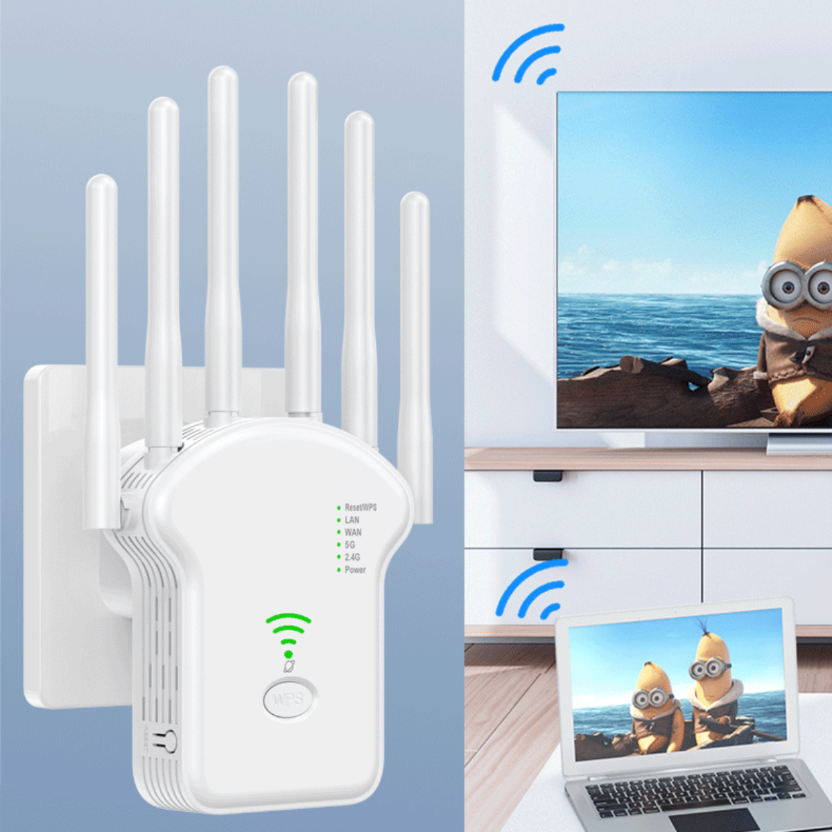 Ein WLAN-Repeater, der in eine Steckdose gesteckt ist, mit Antennen. Zeigt WLAN-Signal.