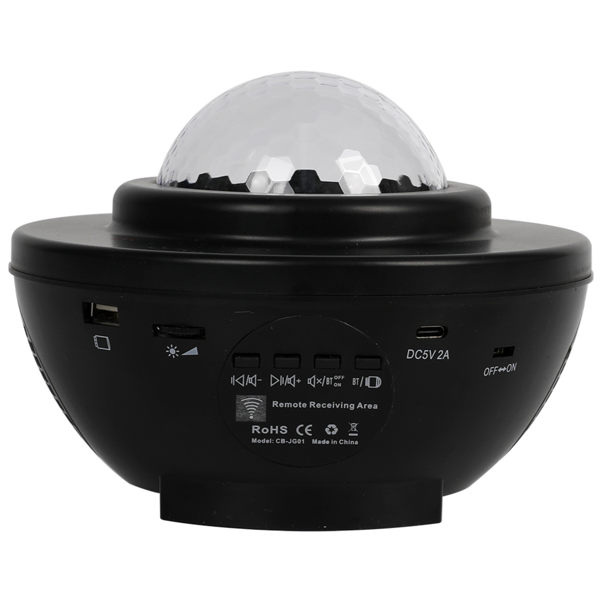 Proyector galáctico negro con cúpula y botones de control. La superficie tiene muchos hexágonos pequeños.