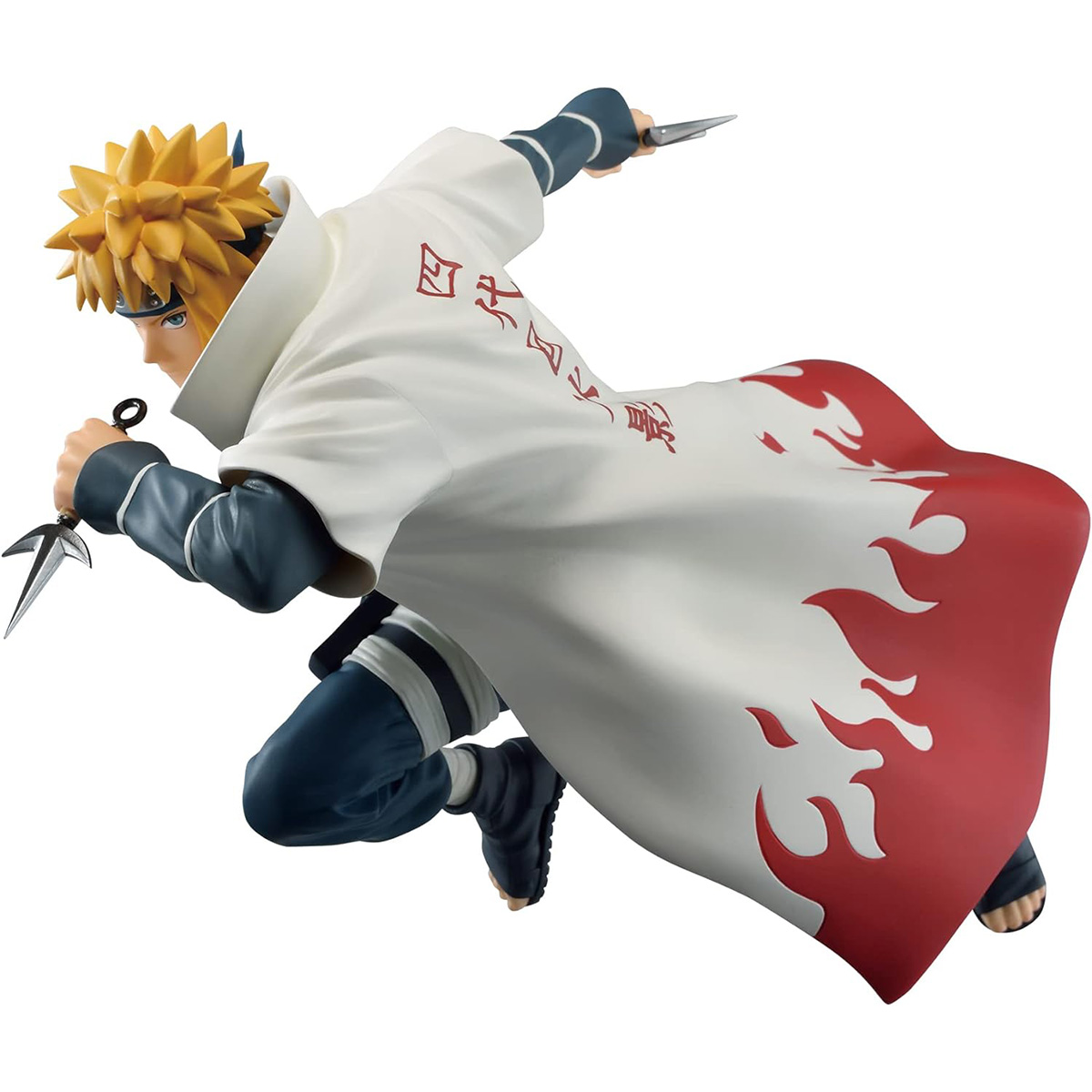 Eine Minato Namikaze-Figur in Action-Pose, die Kunai hält. Er trägt einen weißen Mantel.