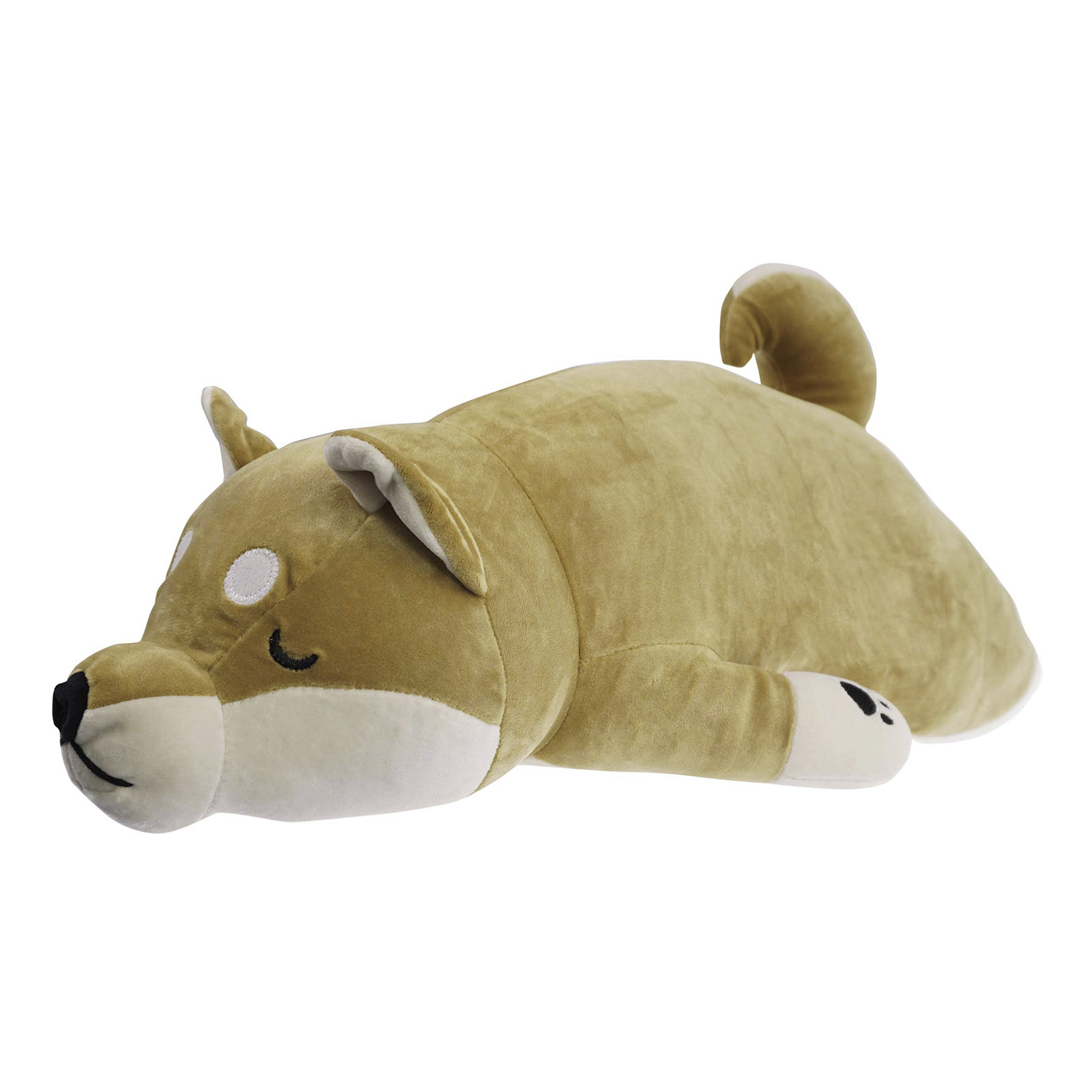 Ein Plüsch-Shiba Inu Hund liegt, hellbraunes Fell.