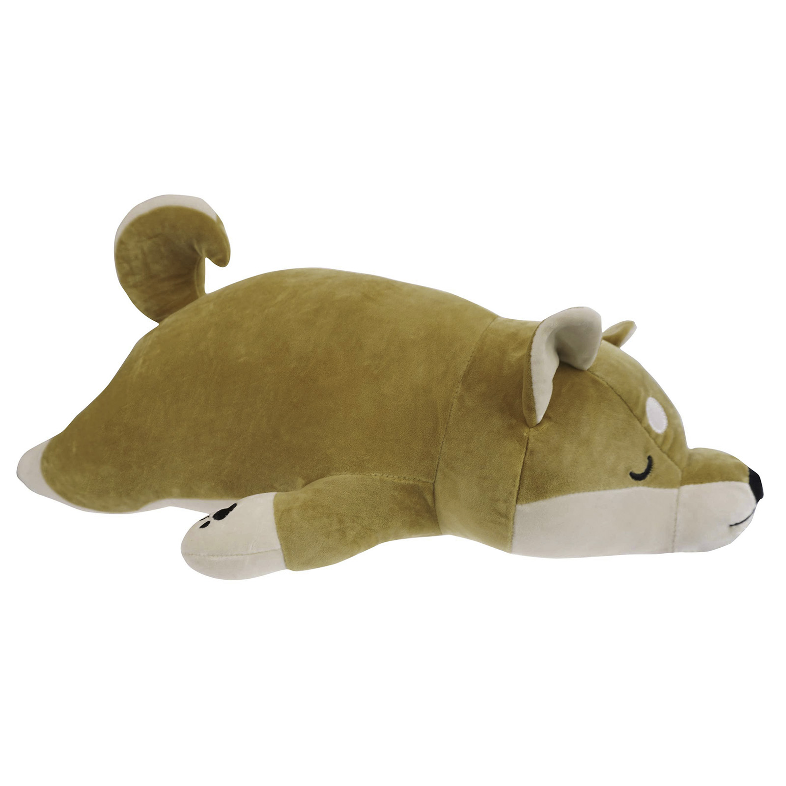 Ein braunes Shiba Inu Plüschtier liegt mit hochgerollter Rute und geschlossenen Augen.