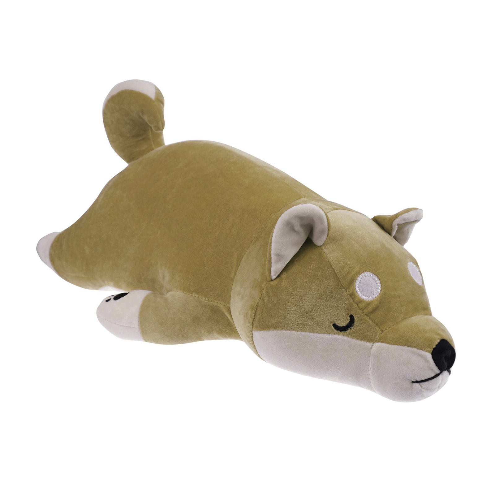 Ein Plüschtier eines Shiba Inu-Hundes, der liegt. Es ist braun und hellbraun mit schwarzer Nase und Augen.