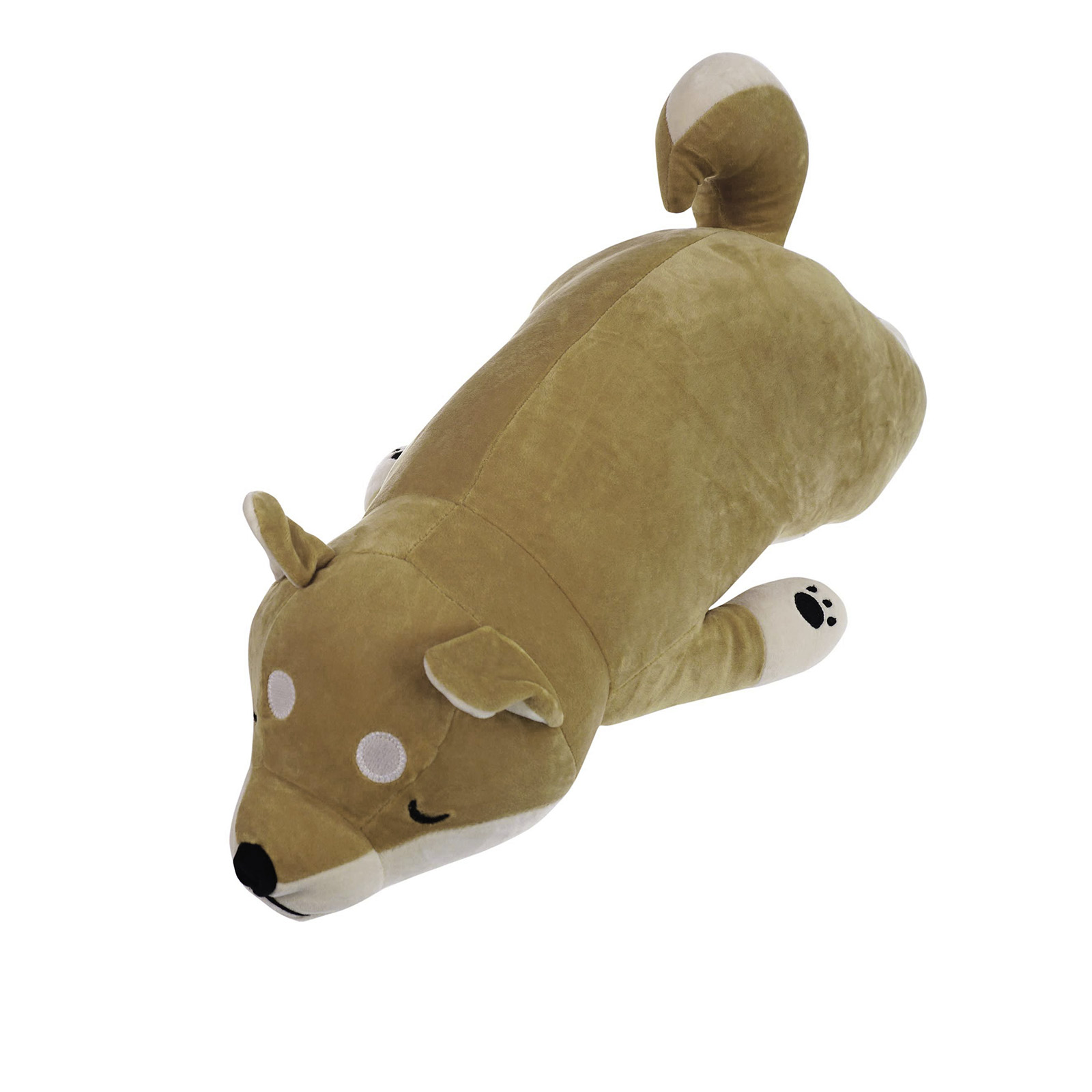 Ein Plüschtier eines Shiba Inu-Hundes, der liegt. Er ist braun und weiß mit schwarzer Nase.