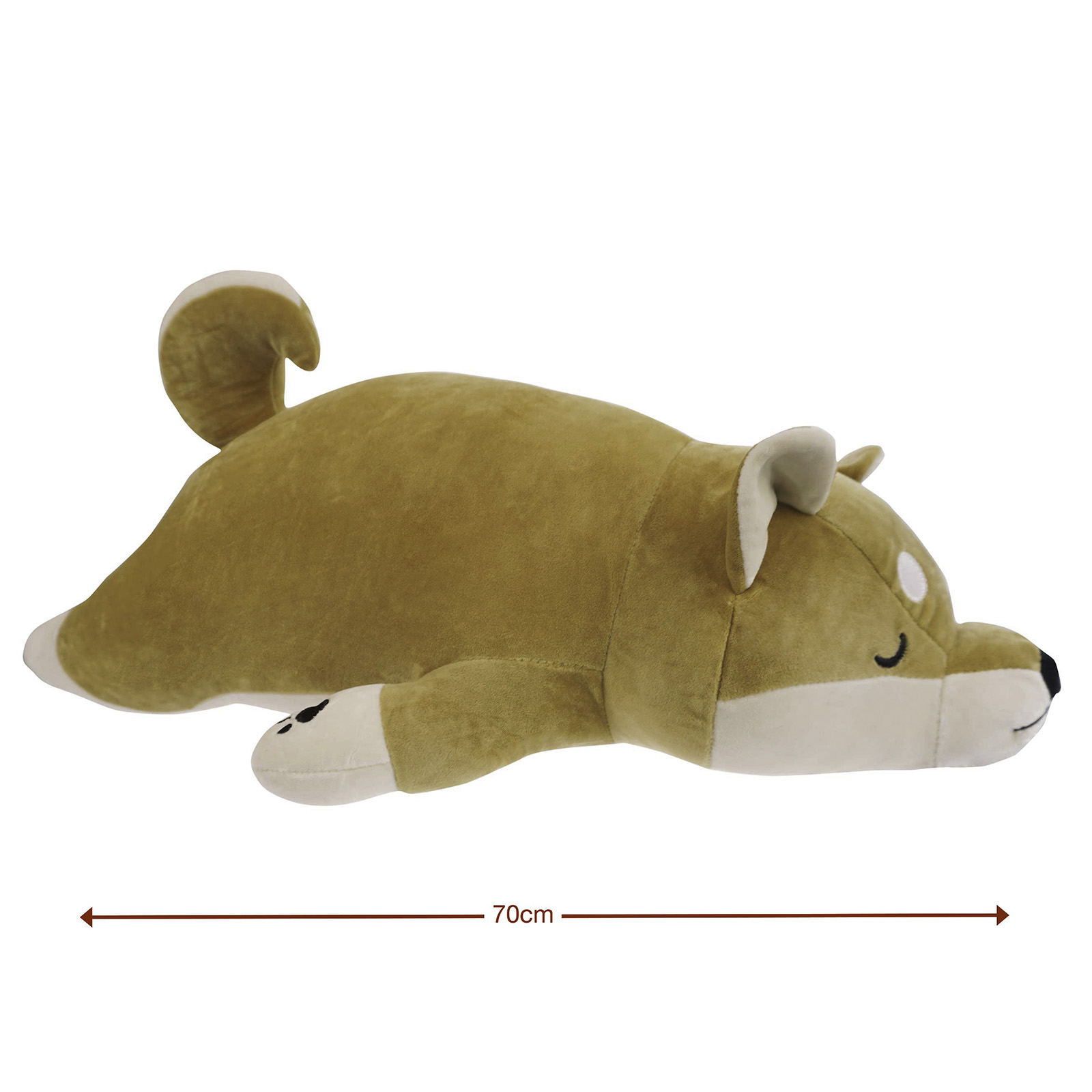 Ein brauner Plüsch-Shiba Inu Hund liegt, mit einem 70cm Pfeil-Indikator.