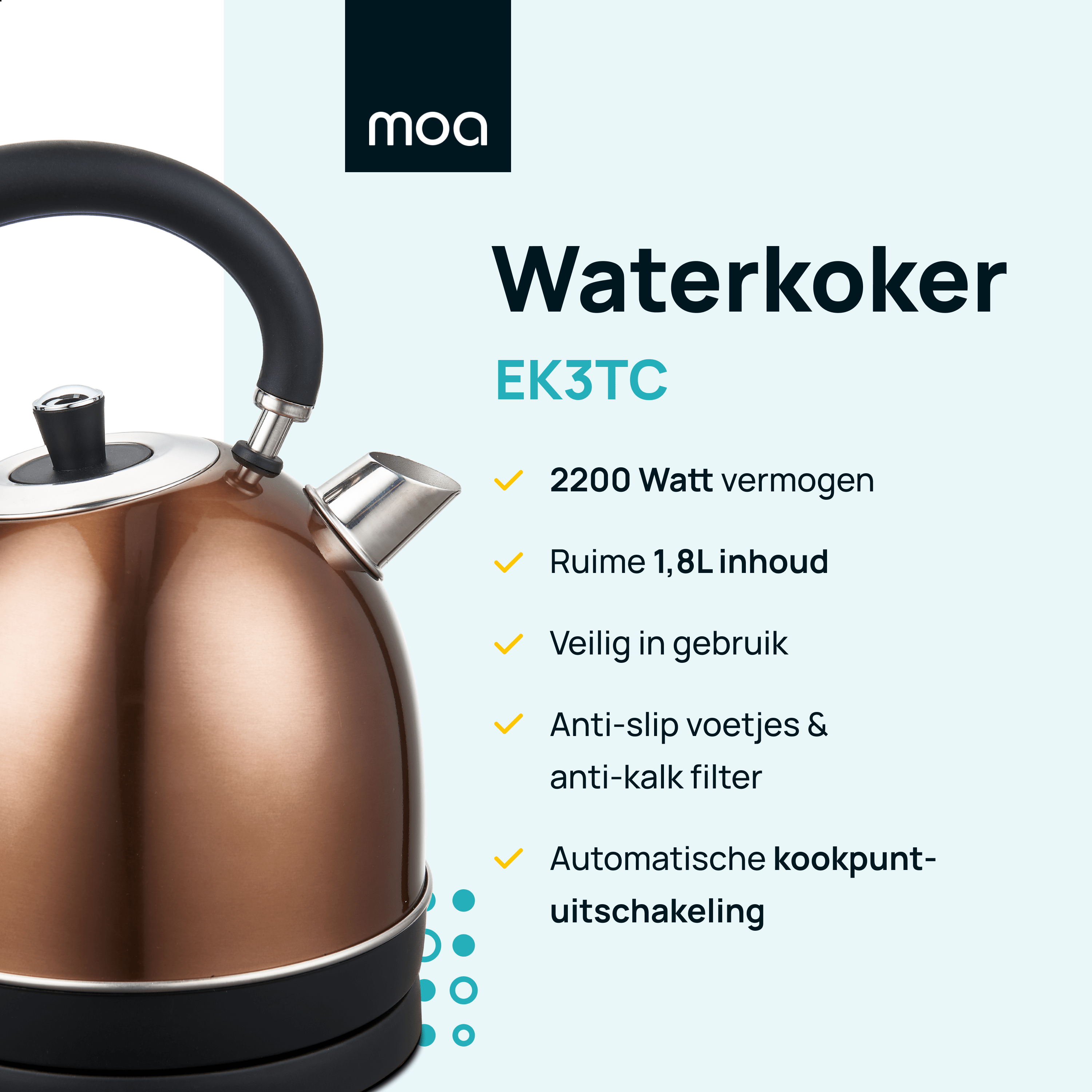 Copper kettle with black handle and base. Features: 2200W, 1.8L, anti-slip feet, and automatic shut-off.
