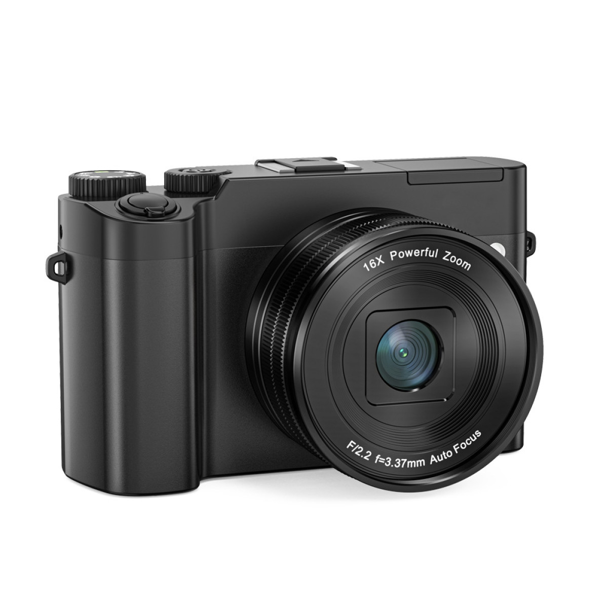 Czarny aparat z obiektywem. Aparat posiada funkcję zoom z napisem '16x Powerful Zoom'.