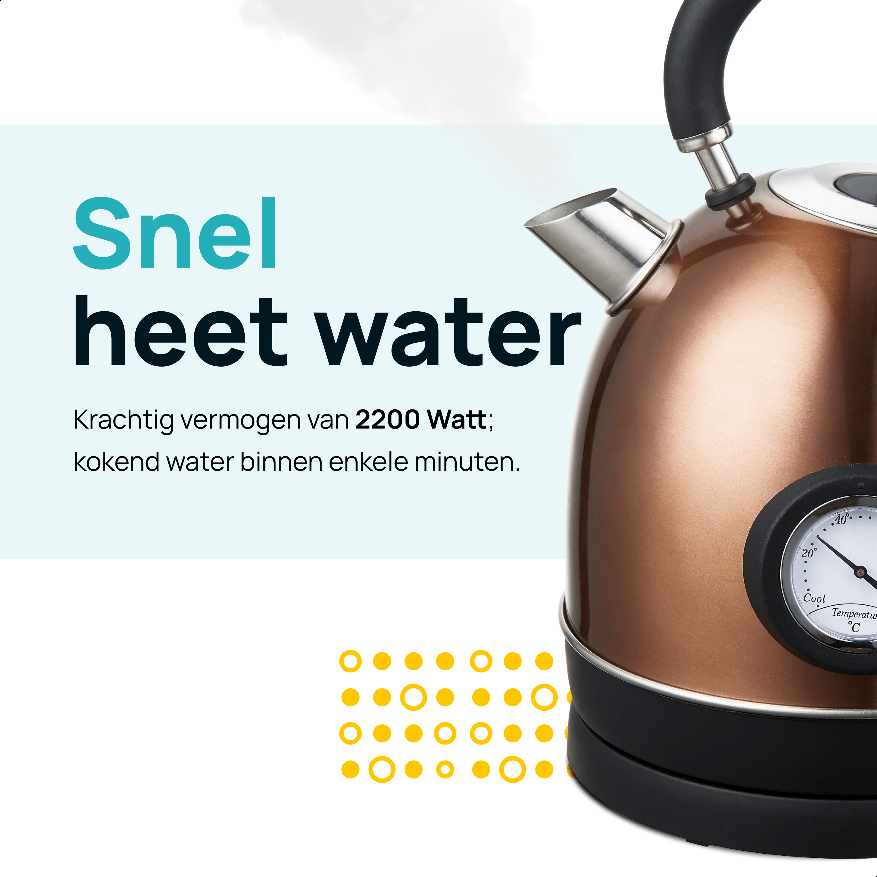 Copper colored kettle on a black base. Thermometer and some yellow circles.