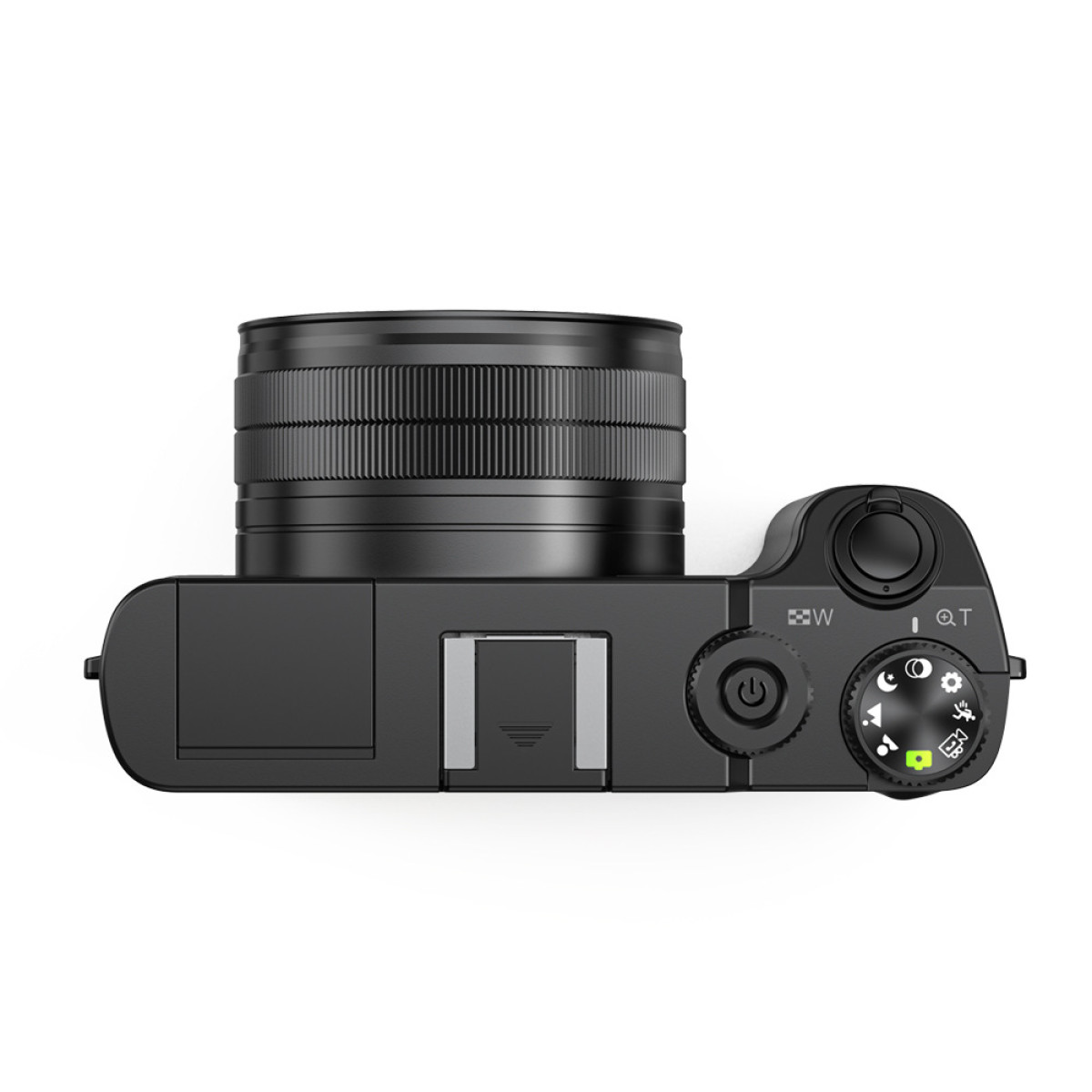 Czarny aparat fotograficzny widziany z góry. Ma obiektyw, lampę błyskową i przyciski sterowania na górze.