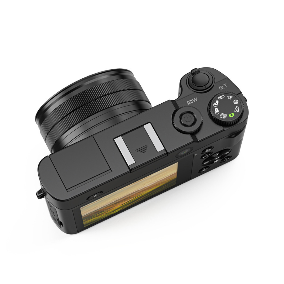 Czarny aparat na białym tle. Aparat ma obiektyw, przyciski i ekran, widok z góry.