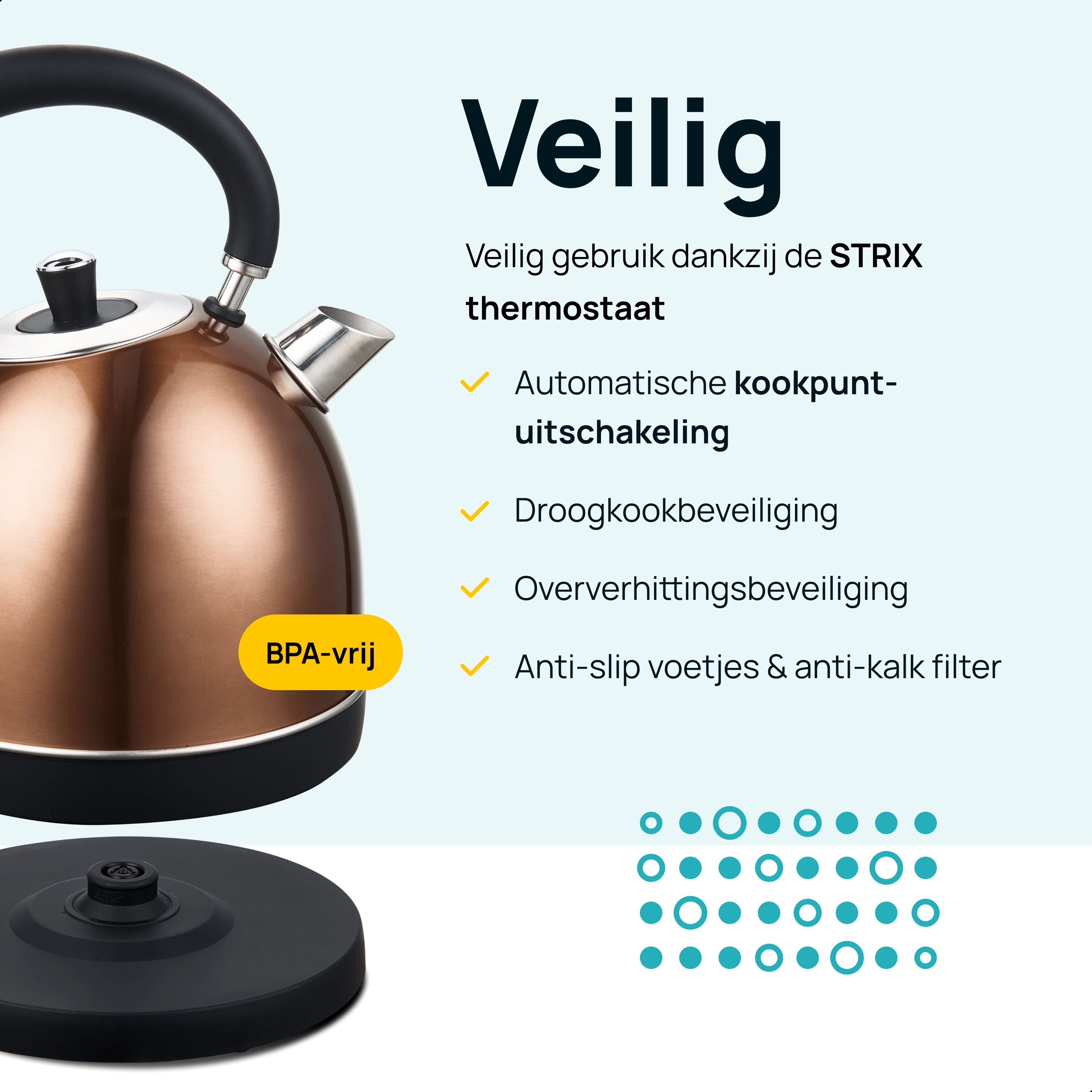 Copper kettle on a black base, with text about safety and features.