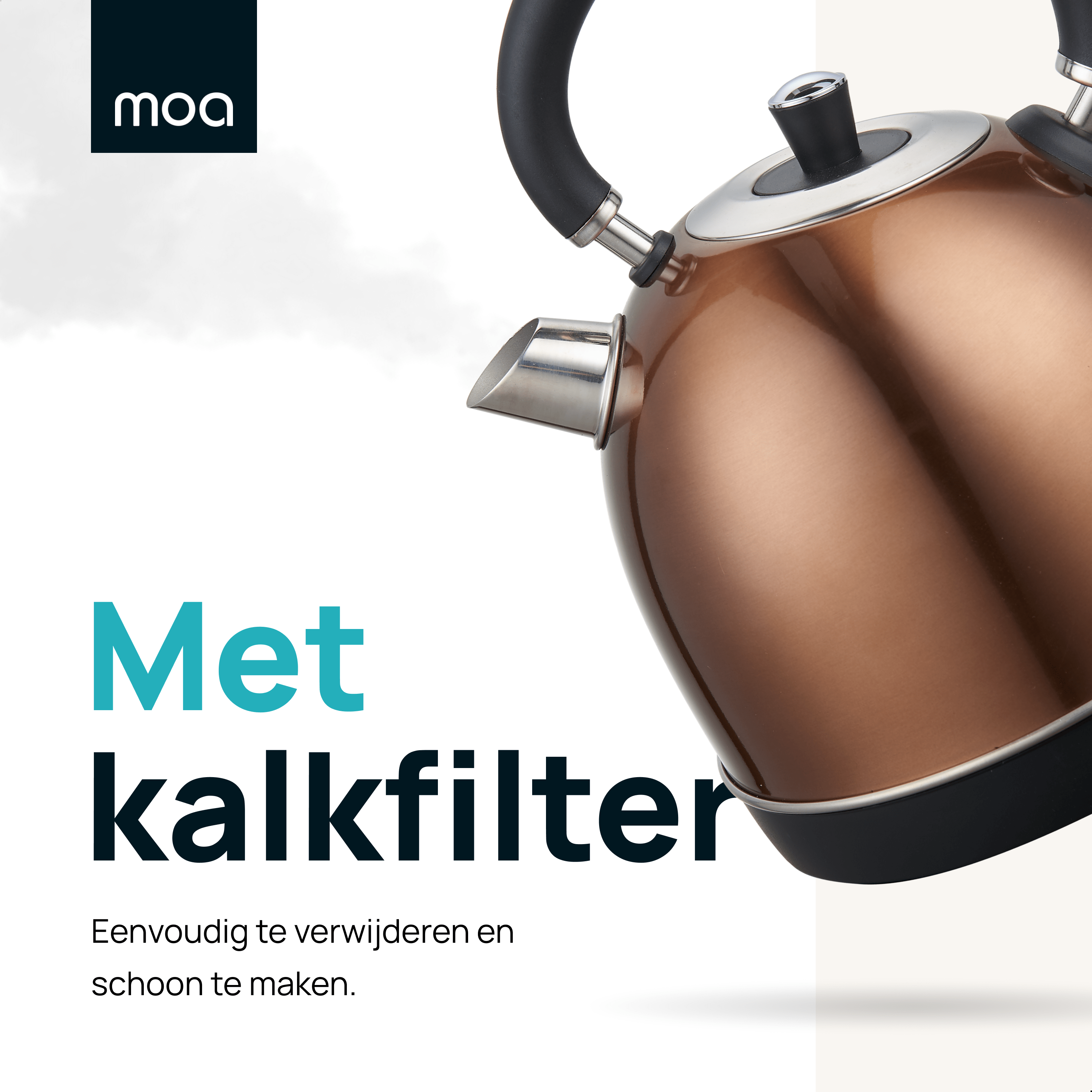 Copper kettle with text about the filter and easy cleaning.