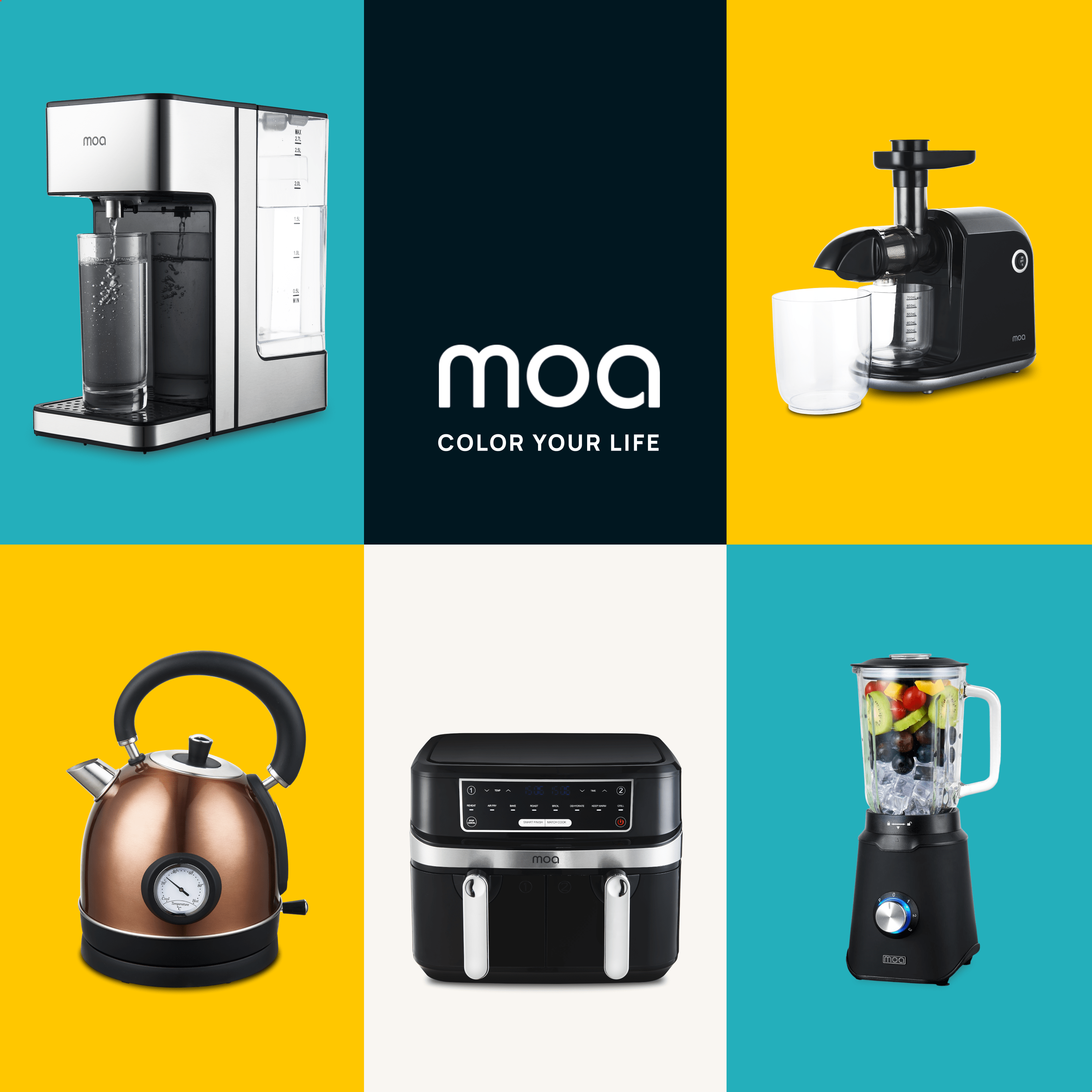 A collage of kitchen appliances with a logo. Products include a water dispenser, kettle and blender.