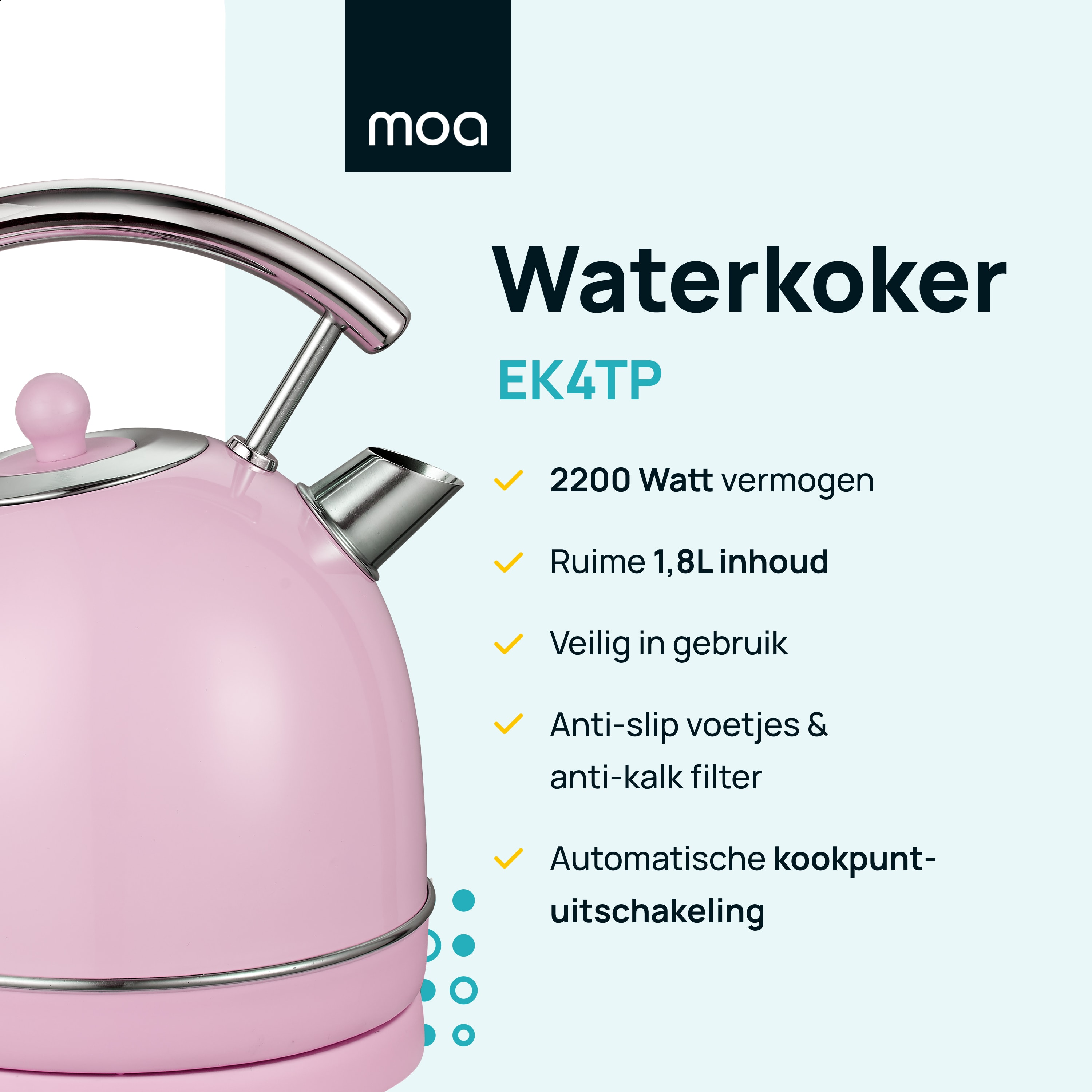 Pink electric kettle with features listed, and the brand logo.