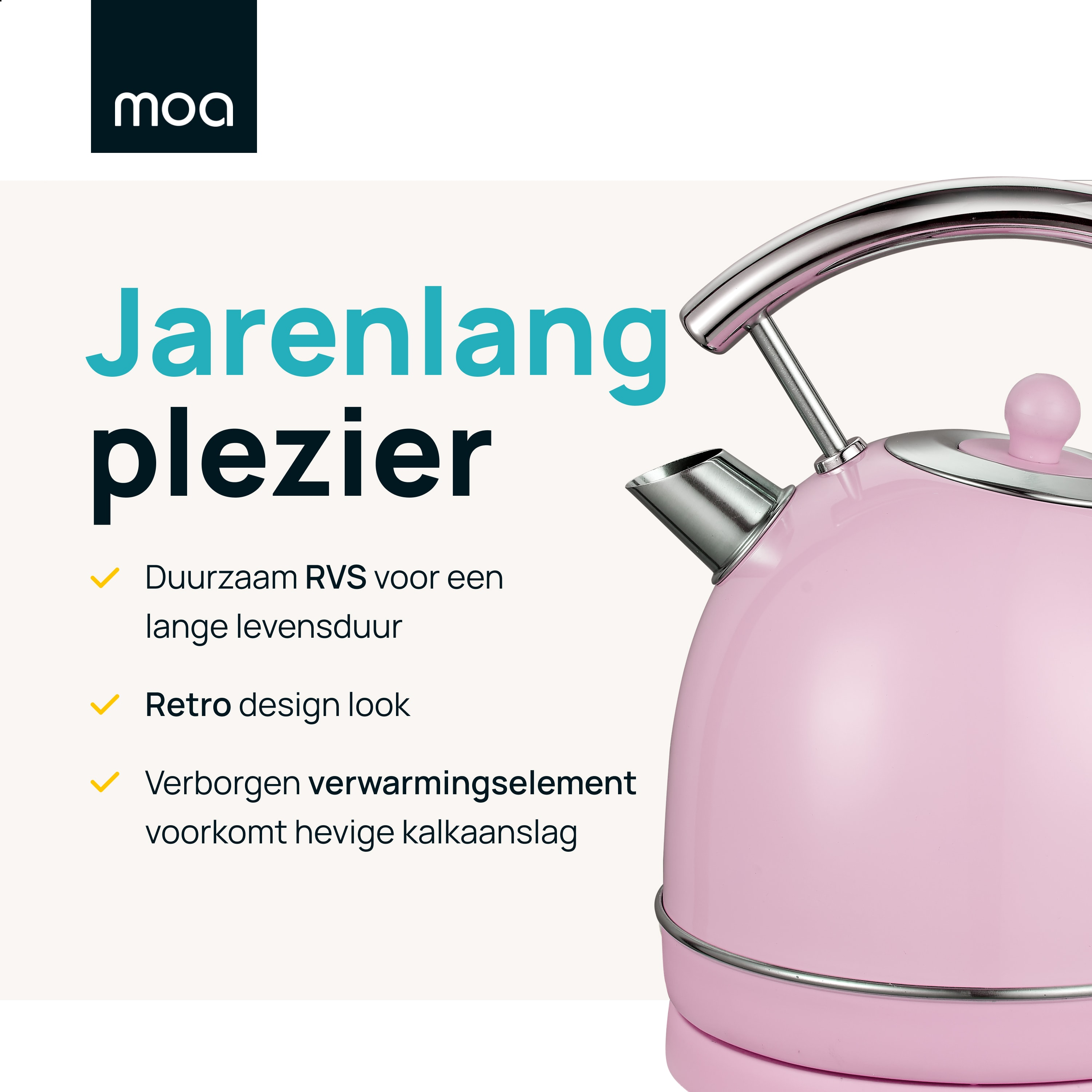 Pink retro electric kettle. Product details include text and logo on a white background.