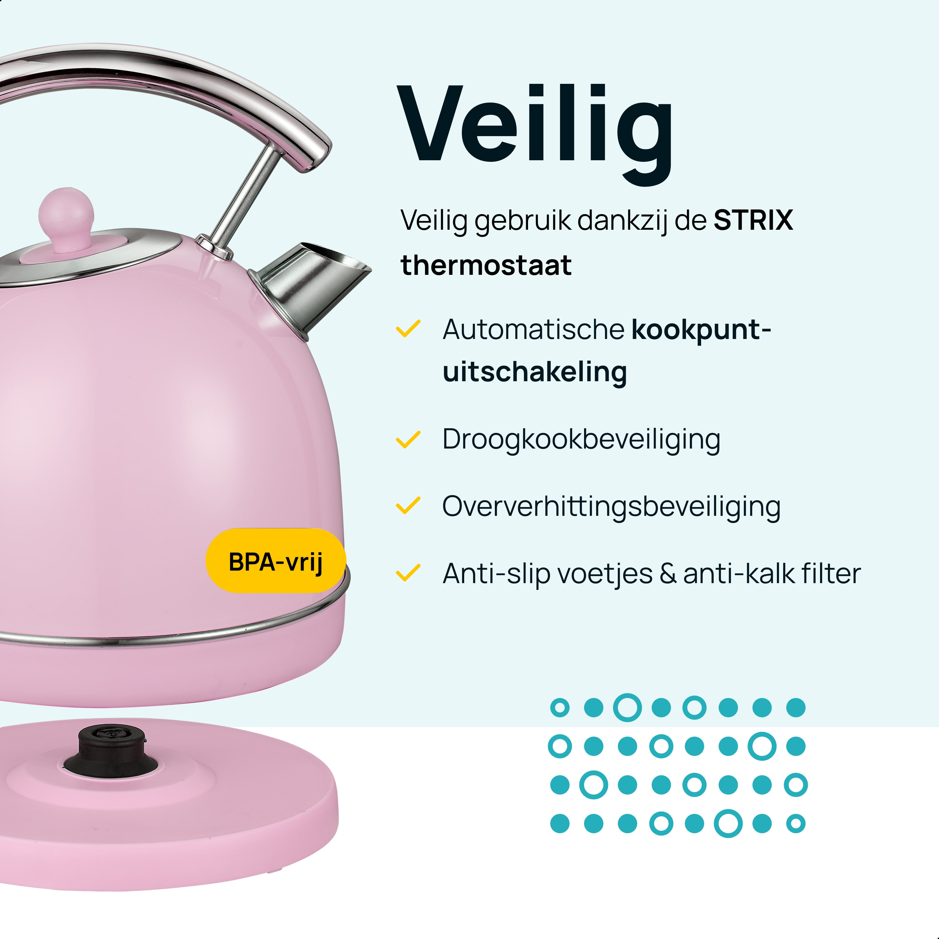 A pink electric kettle. Text: Safe, featuring auto shut-off, dry-boil protection, and BPA-free.