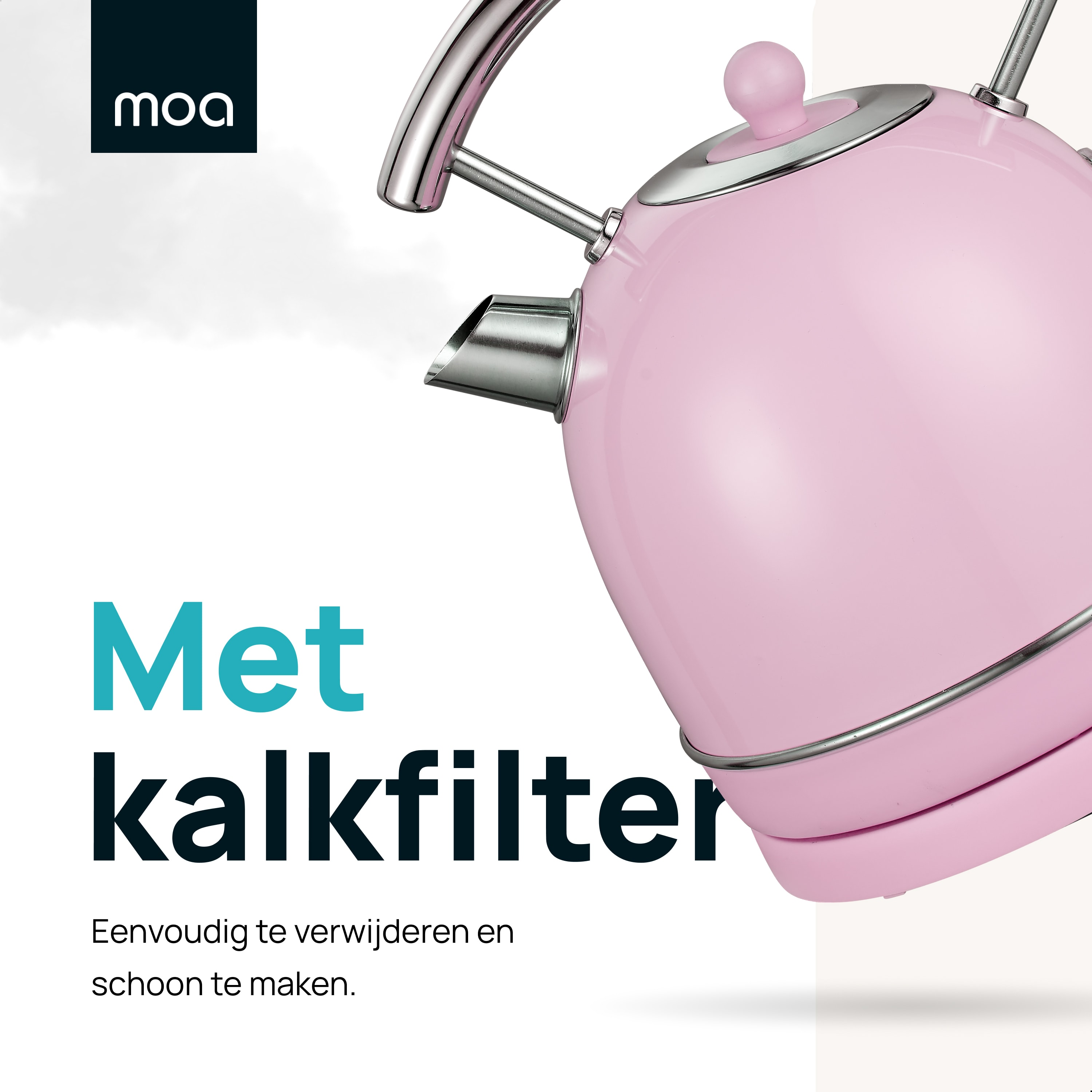 Pink kettle with steel handle, spout, and lid. The text says, 'Met kalkfilter'.