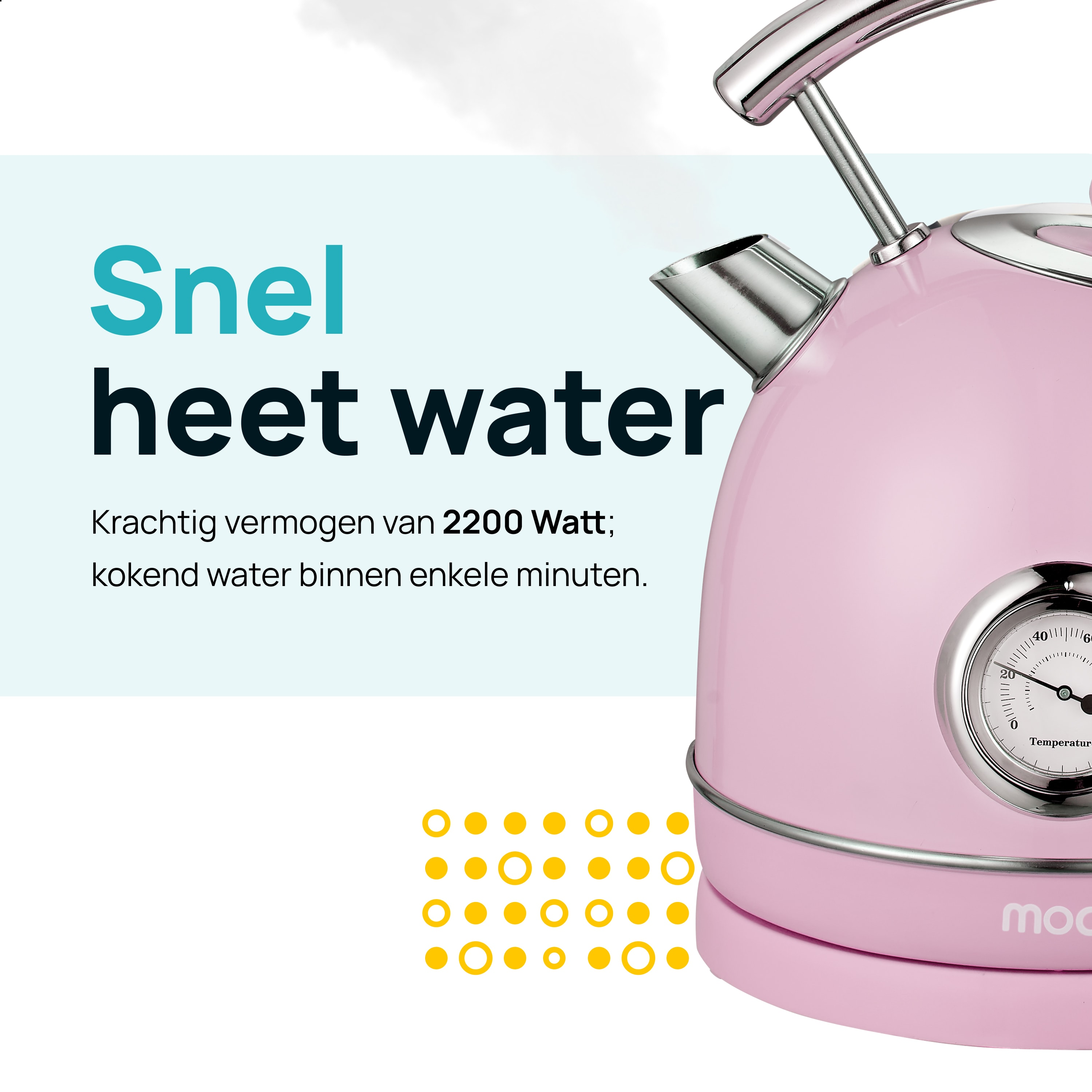 Pink kettle with temperature gauge and text: 'Snel heet water' (Fast hot water).