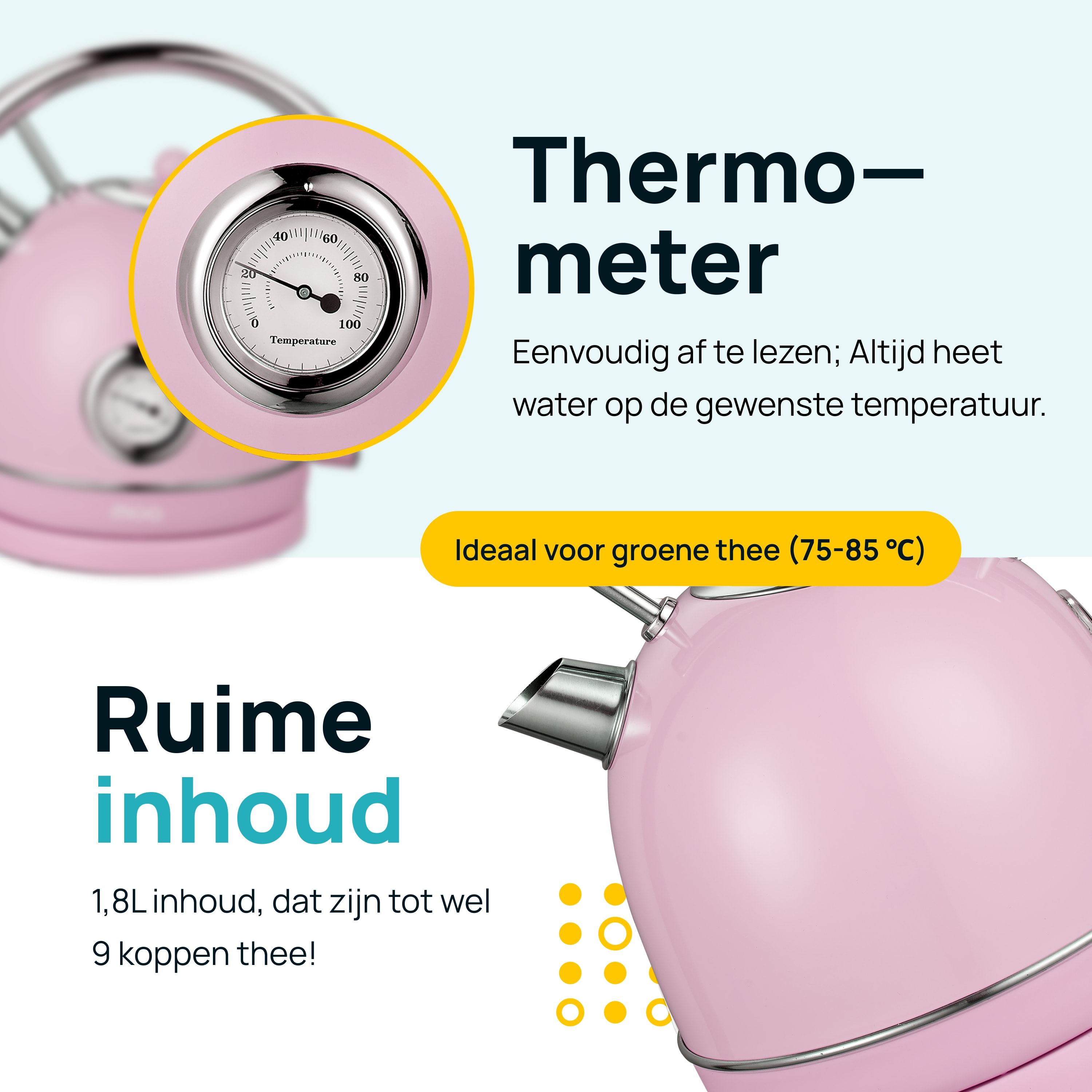 Pink kettle with a thermometer, text, and info about green tea on a yellow background with circles.