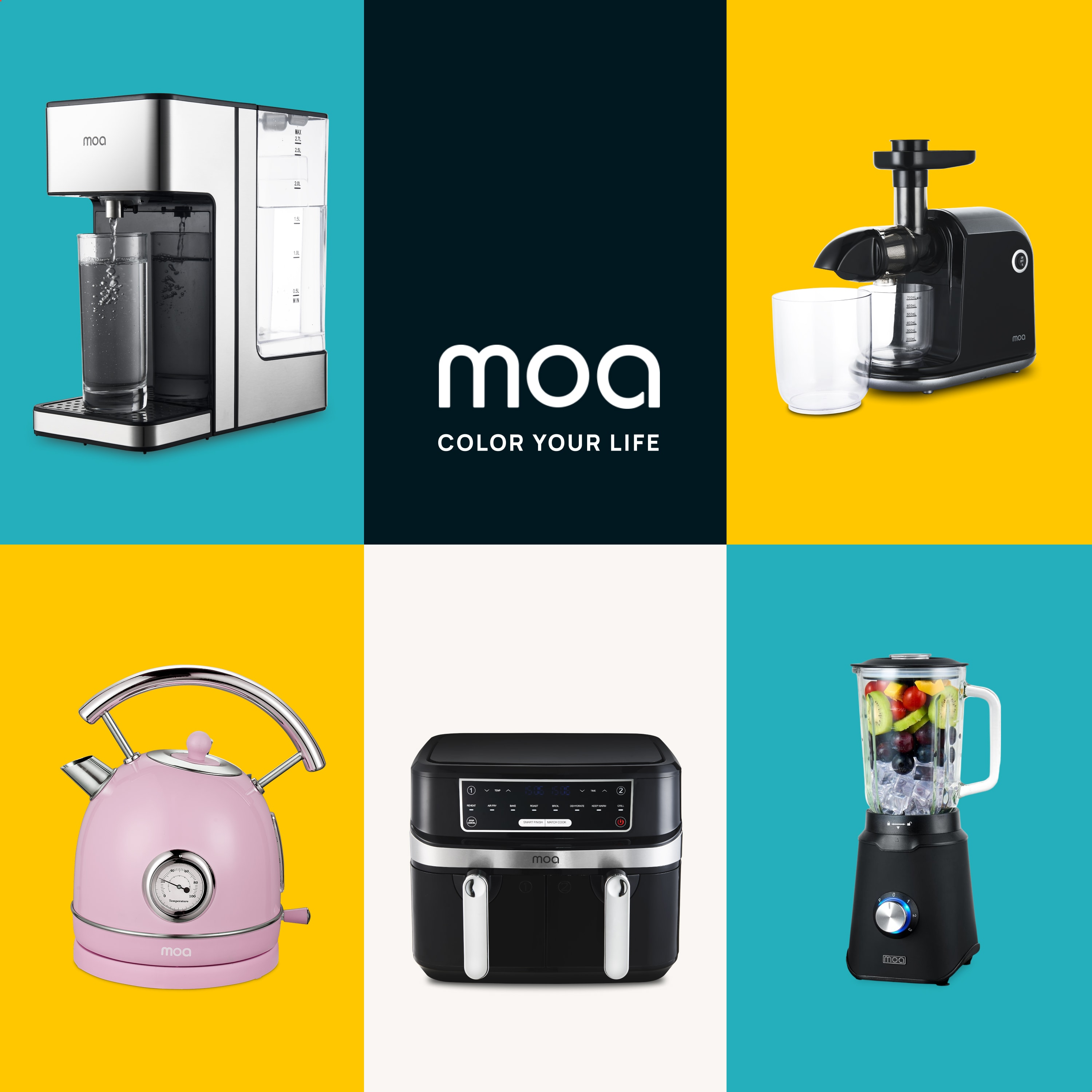 A collage of MOA products. Includes a water dispenser, juicer, kettle, blender, and air fryer.