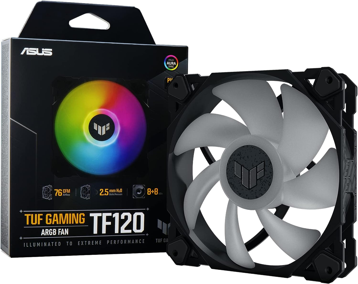 Ventola ASUS TUF Gaming TF120 ARGB nella sua confezione. La ventola ha pale bianche e illuminazione RGB.
