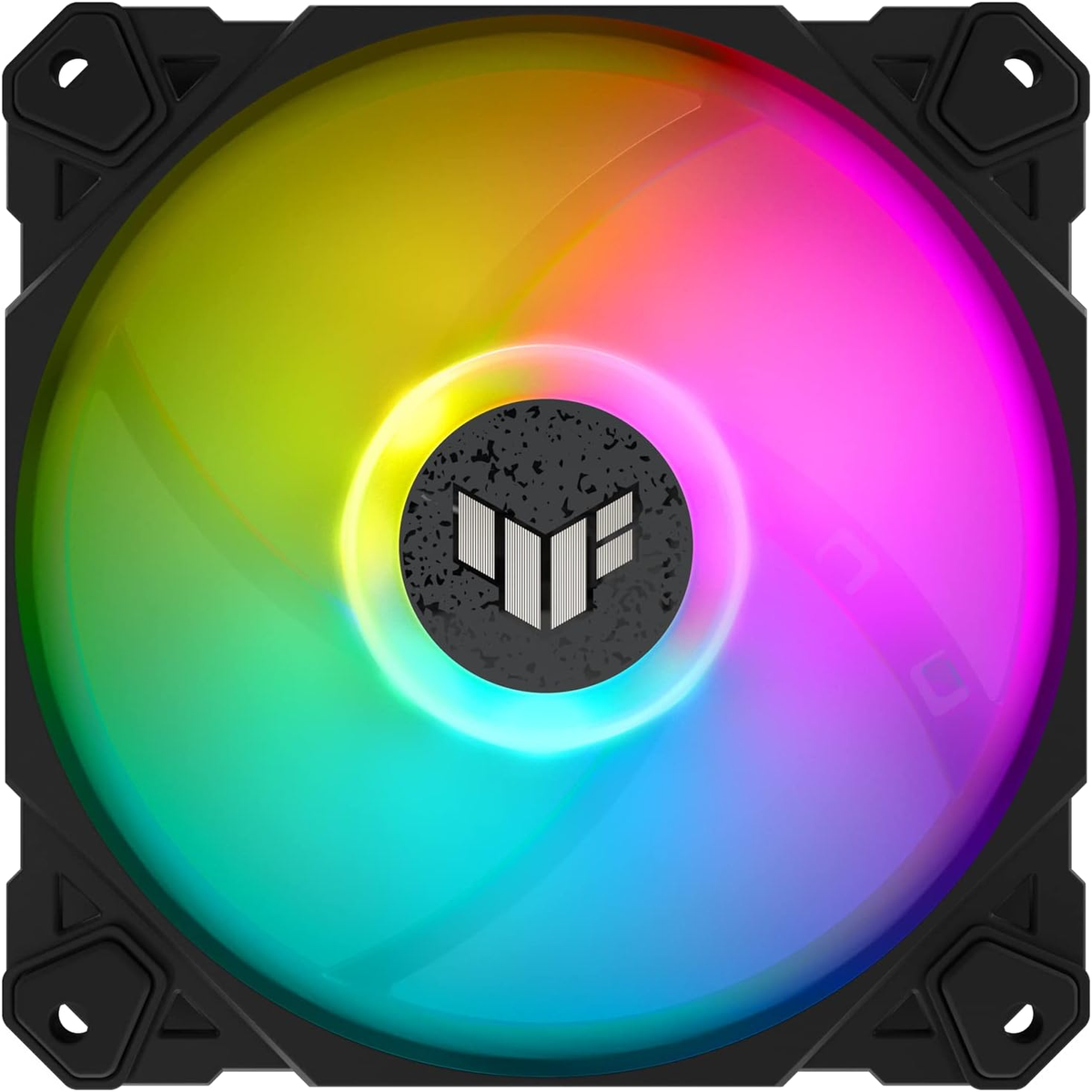 Ventola per computer con illuminazione RGB, con cornice nera e logo al centro.
