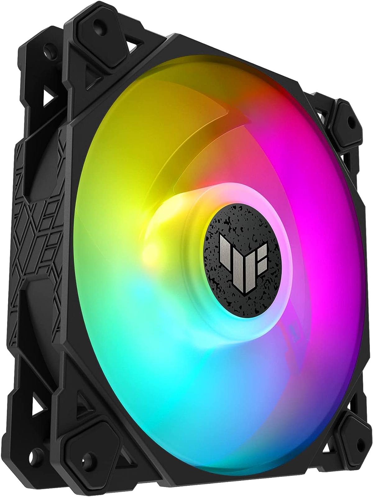 Ventola per PC nera con luci a LED multicolore. La ventola ha un logo centrale.