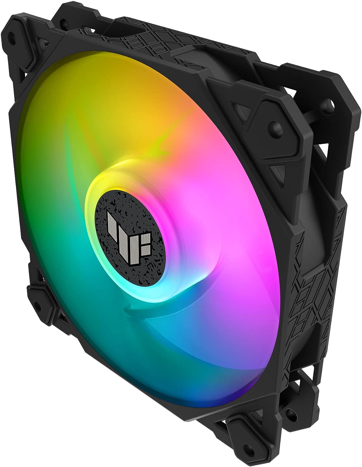 Una ventola per computer con telaio nero e illuminazione colorata. Il centro ha un logo del marchio.