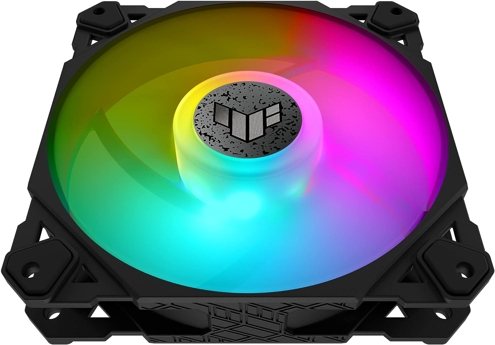 Ventola per computer multicolore. Cornice nera, logo centrale, pale colorate.