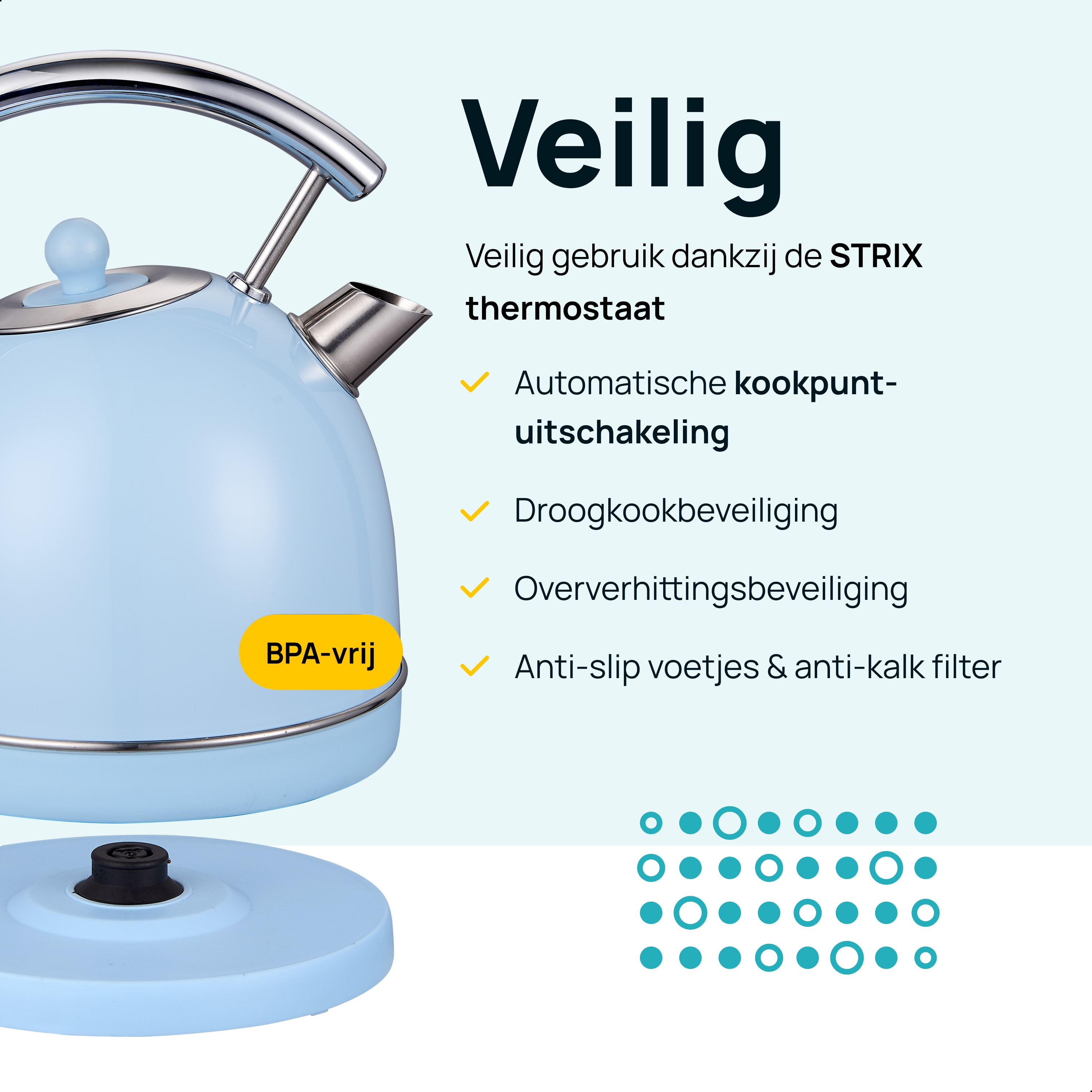 Blue kettle with text indicating safety features. It has a STRIX thermostat and anti-slip feet.