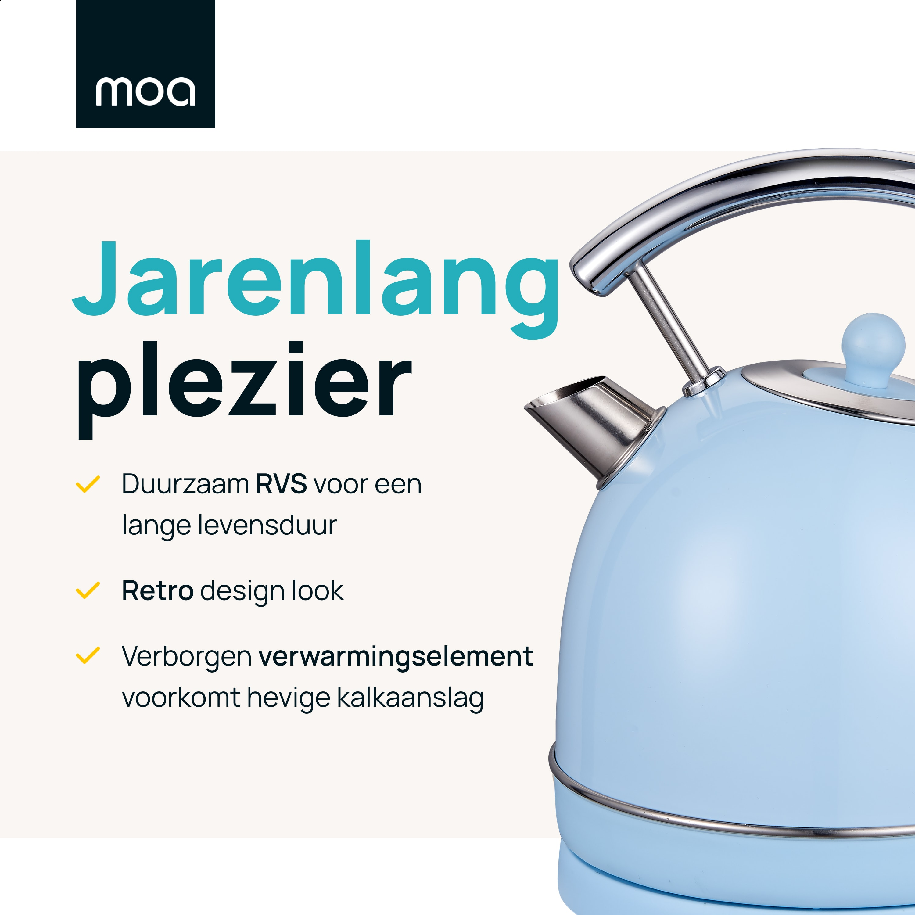 Blue kettle with text 'Jarenlang plezier'. Text says 'Duurzaam RVS' and 'Retro design'.
