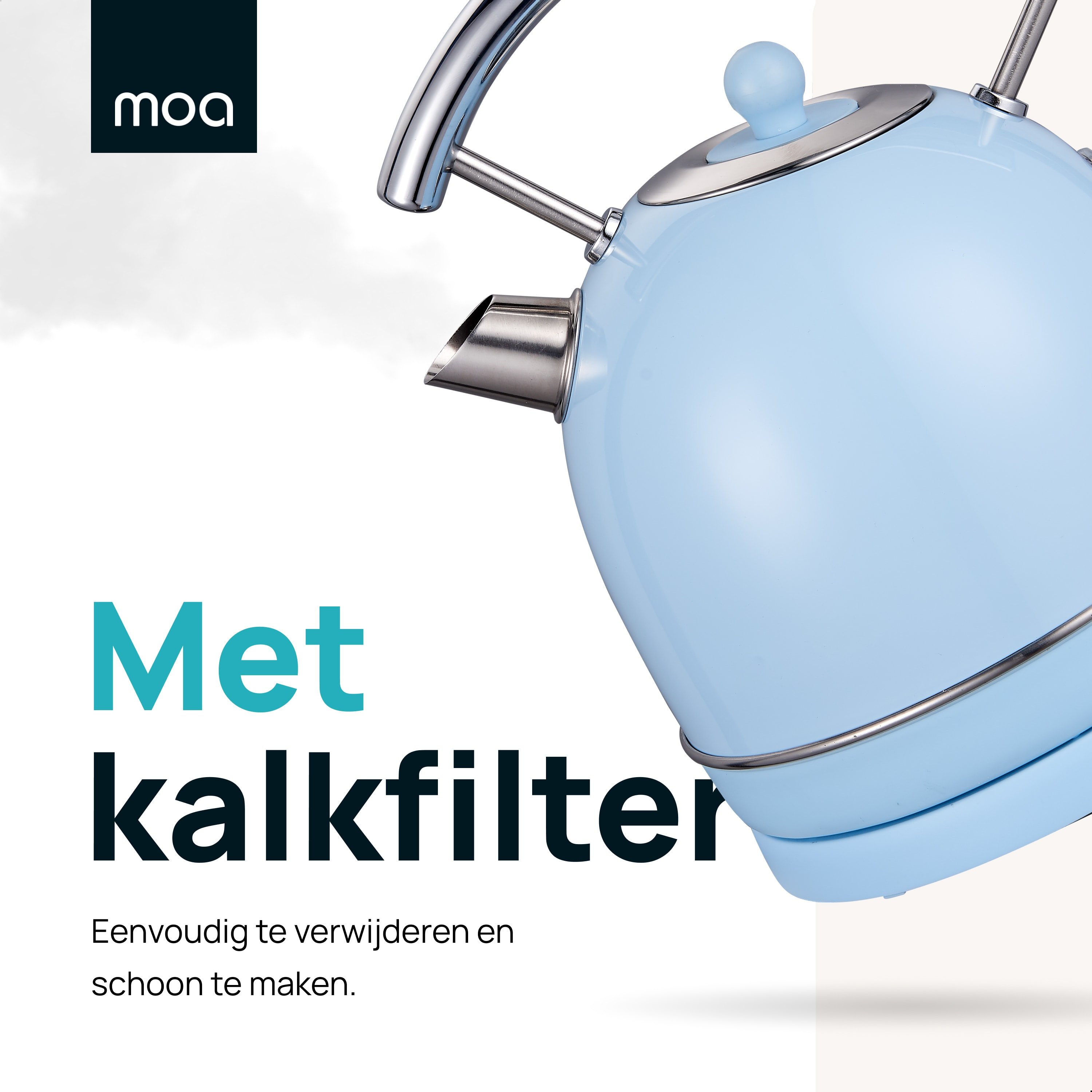 Blue kettle with text: 'Met kalkfilter' (With lime scale filter). It says it is easy to remove and clean.