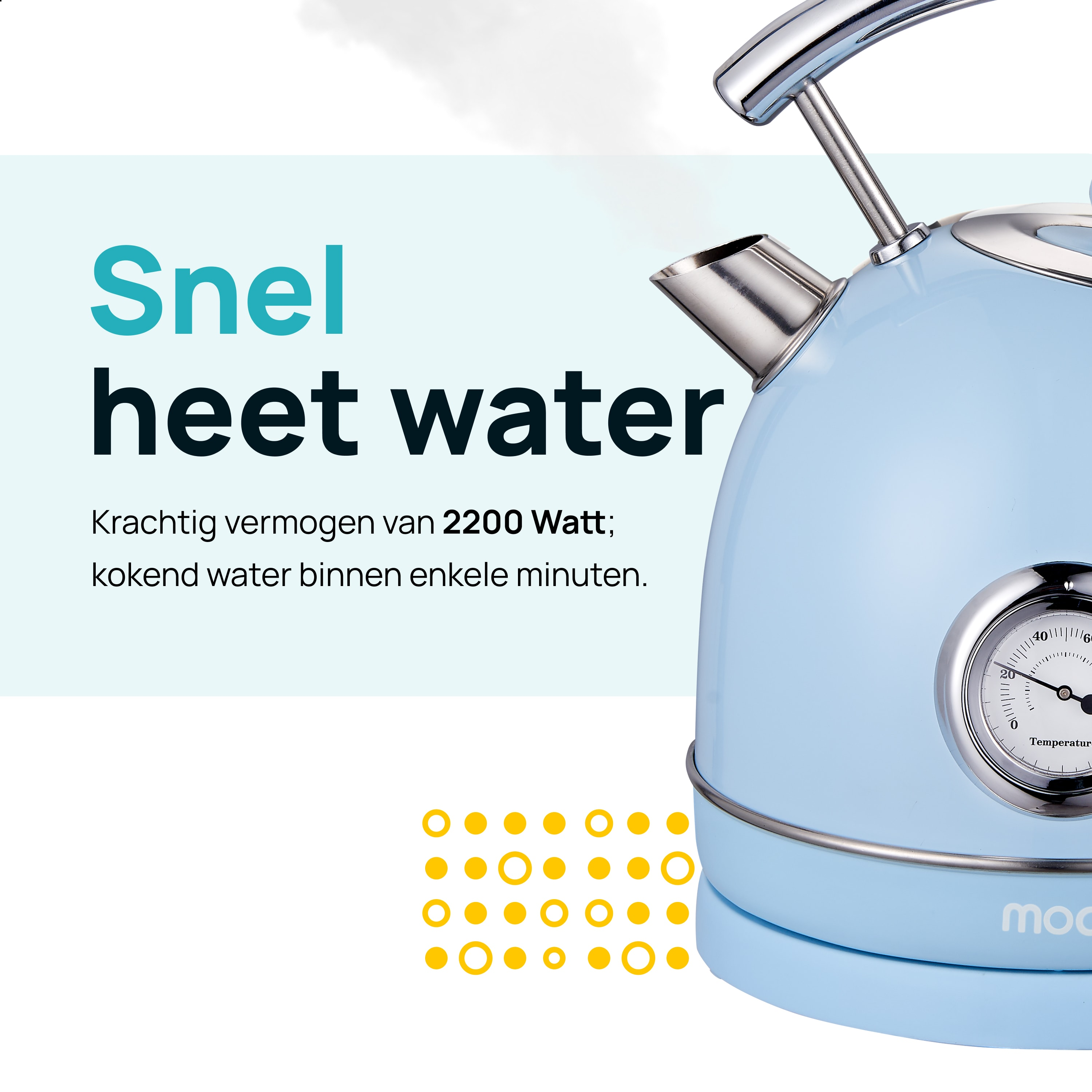 Blue kettle with a thermometer and text about fast heating.