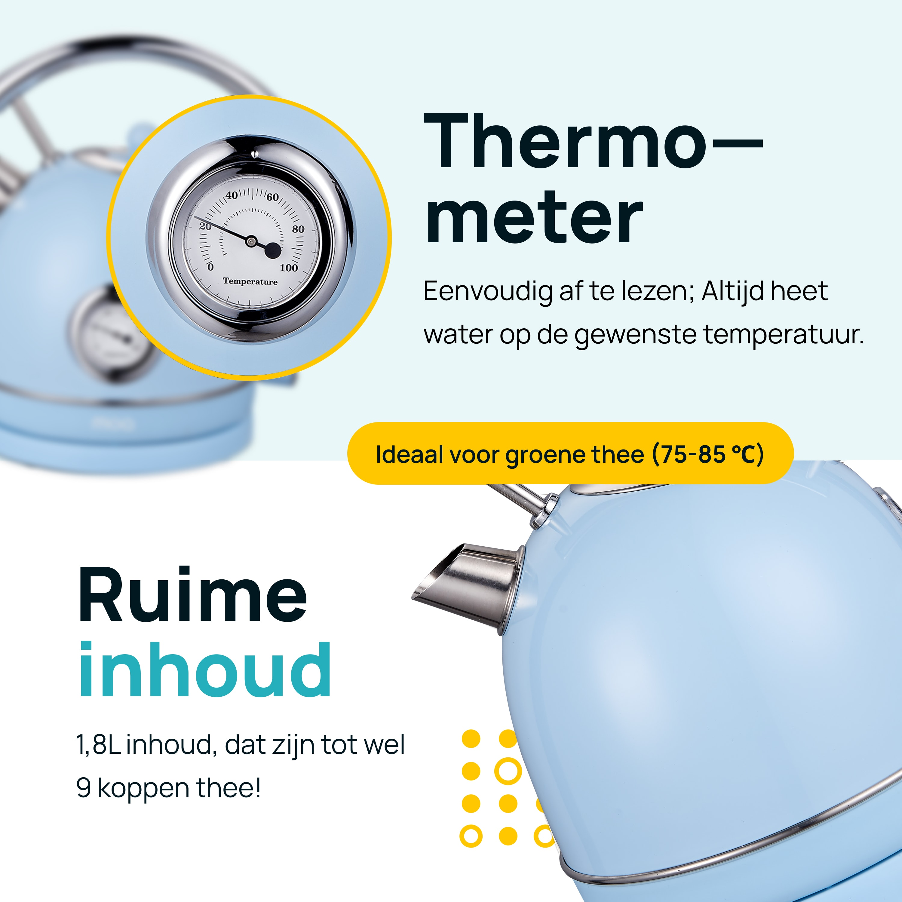 Blue kettle with a thermometer. Text reads 'Thermo-meter' and 'Ruime inhoud'.