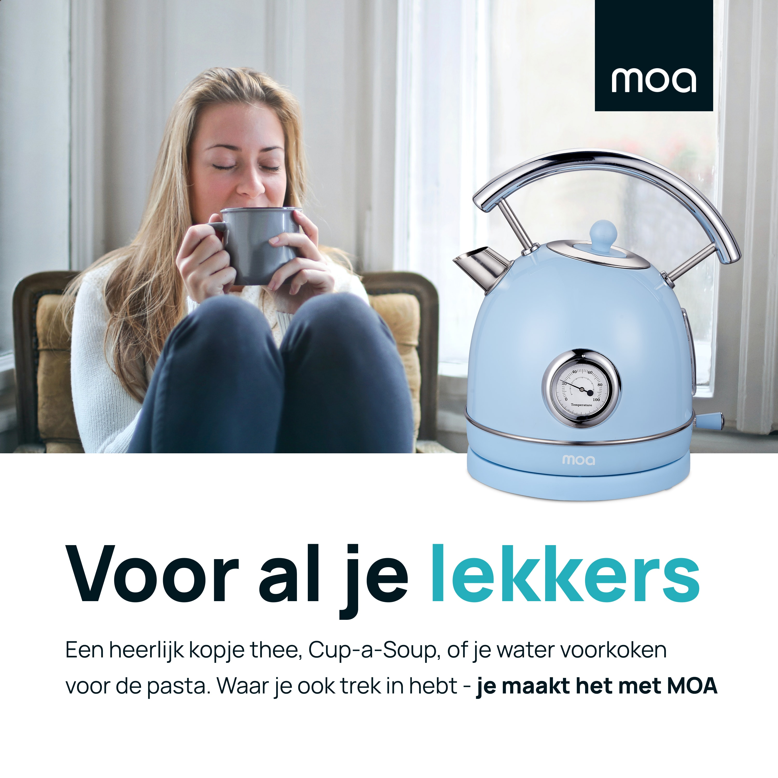 Woman drinking tea, blue kettle, text overlay.