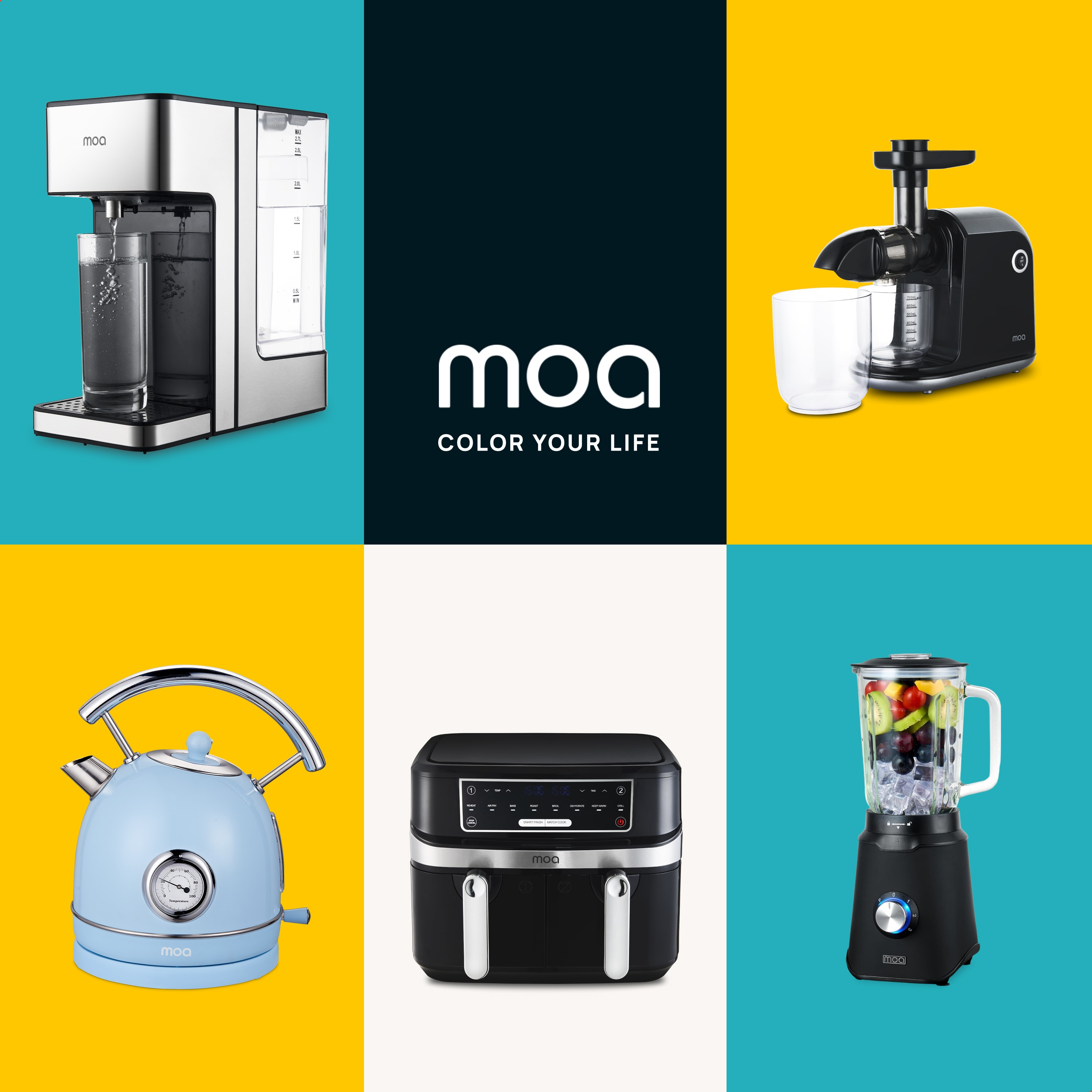 Collage of MOA appliances: water dispenser, juicer, kettle, air fryer, blender. Yellow/blue backgrounds.