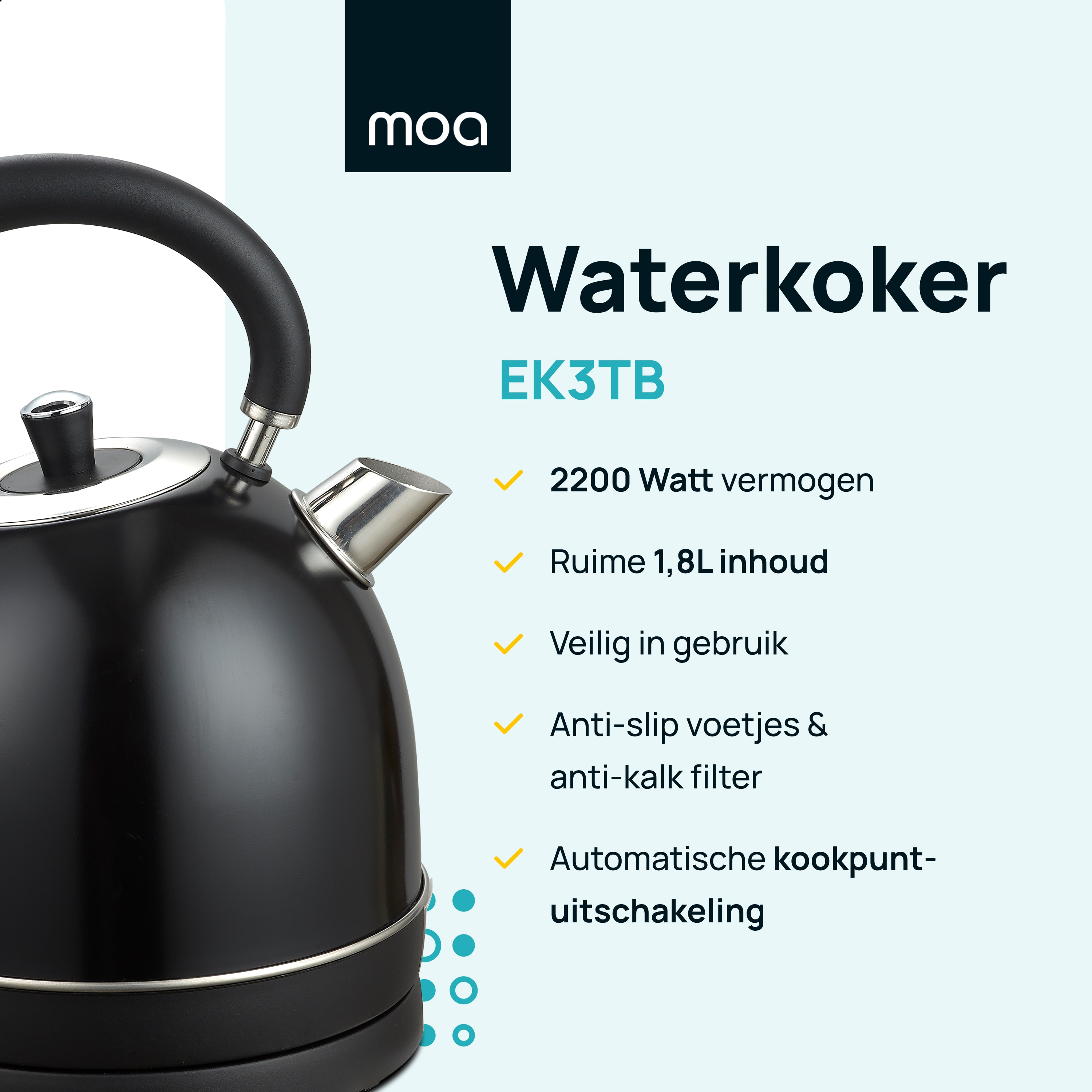 Black kettle with black handle. Silver accents, black base and a white background.