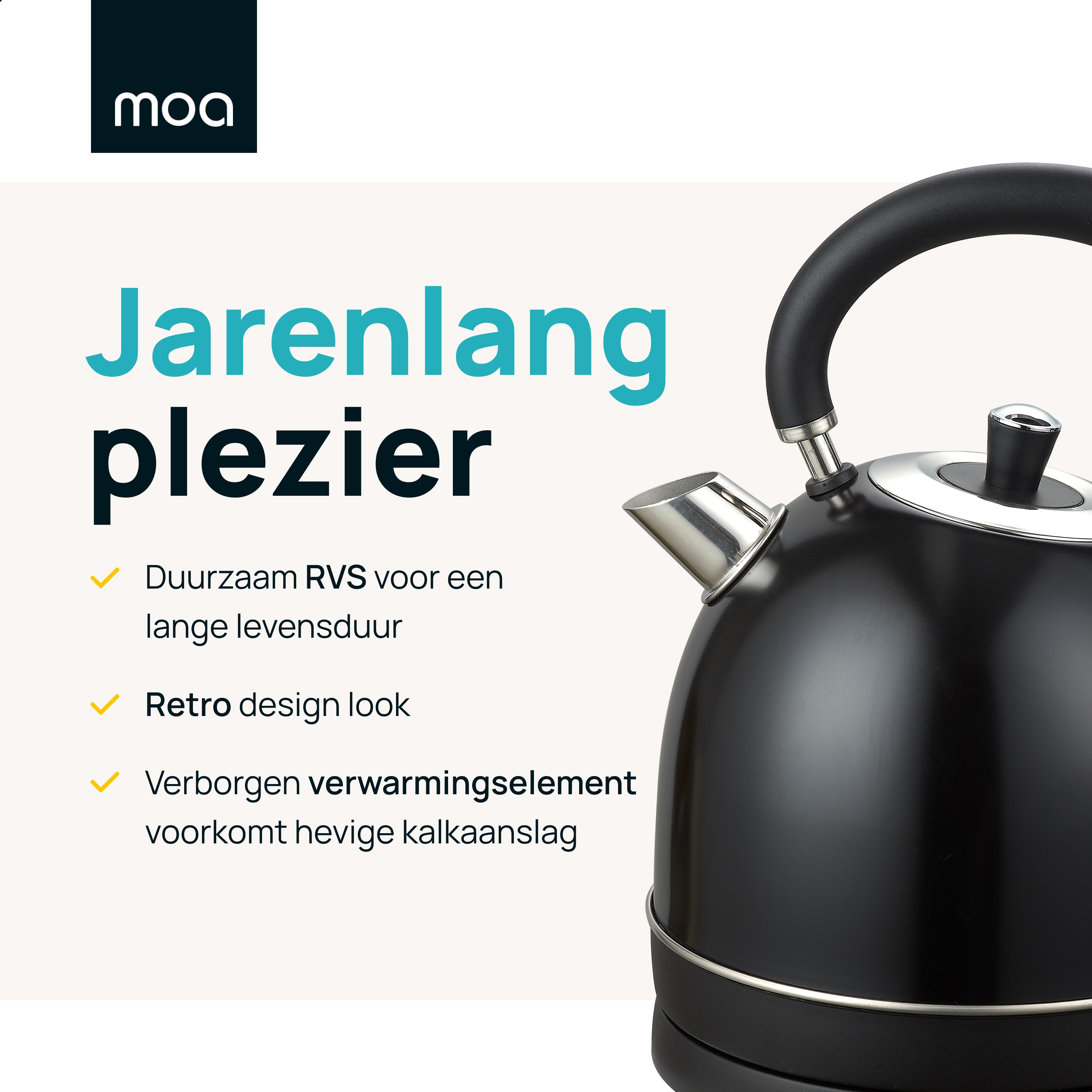 Black kettle with text about long-lasting pleasure and a retro design.