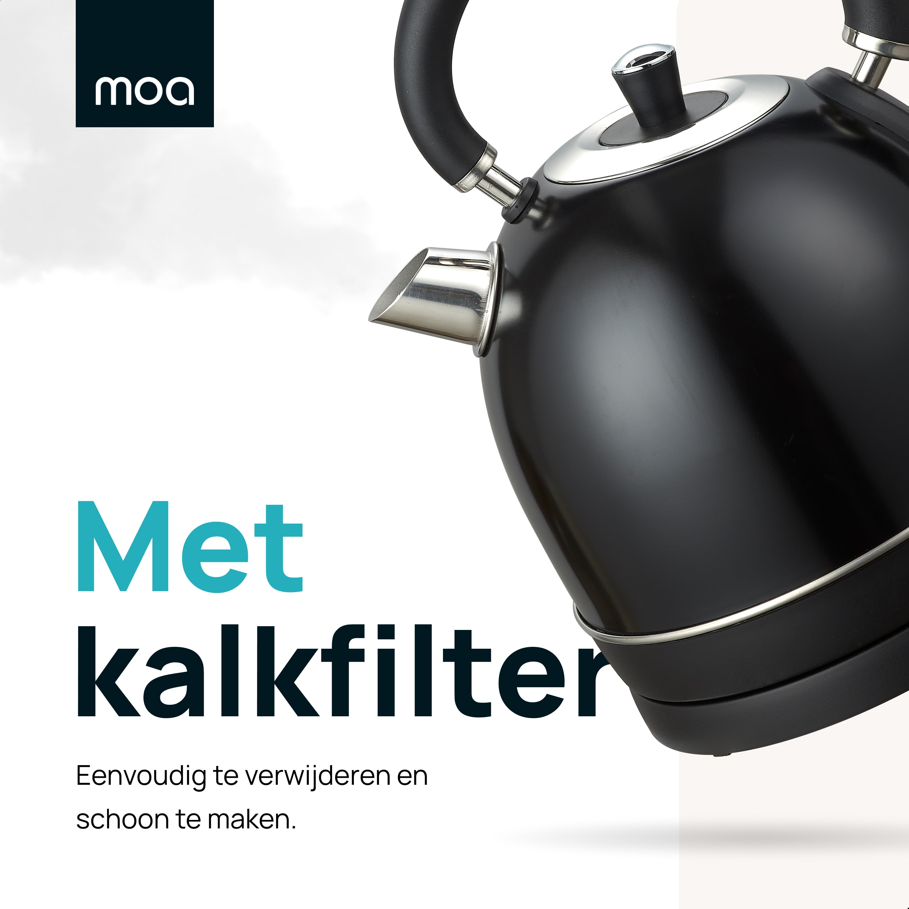 Black kettle, with text about anti-limescale filter and easy cleaning.