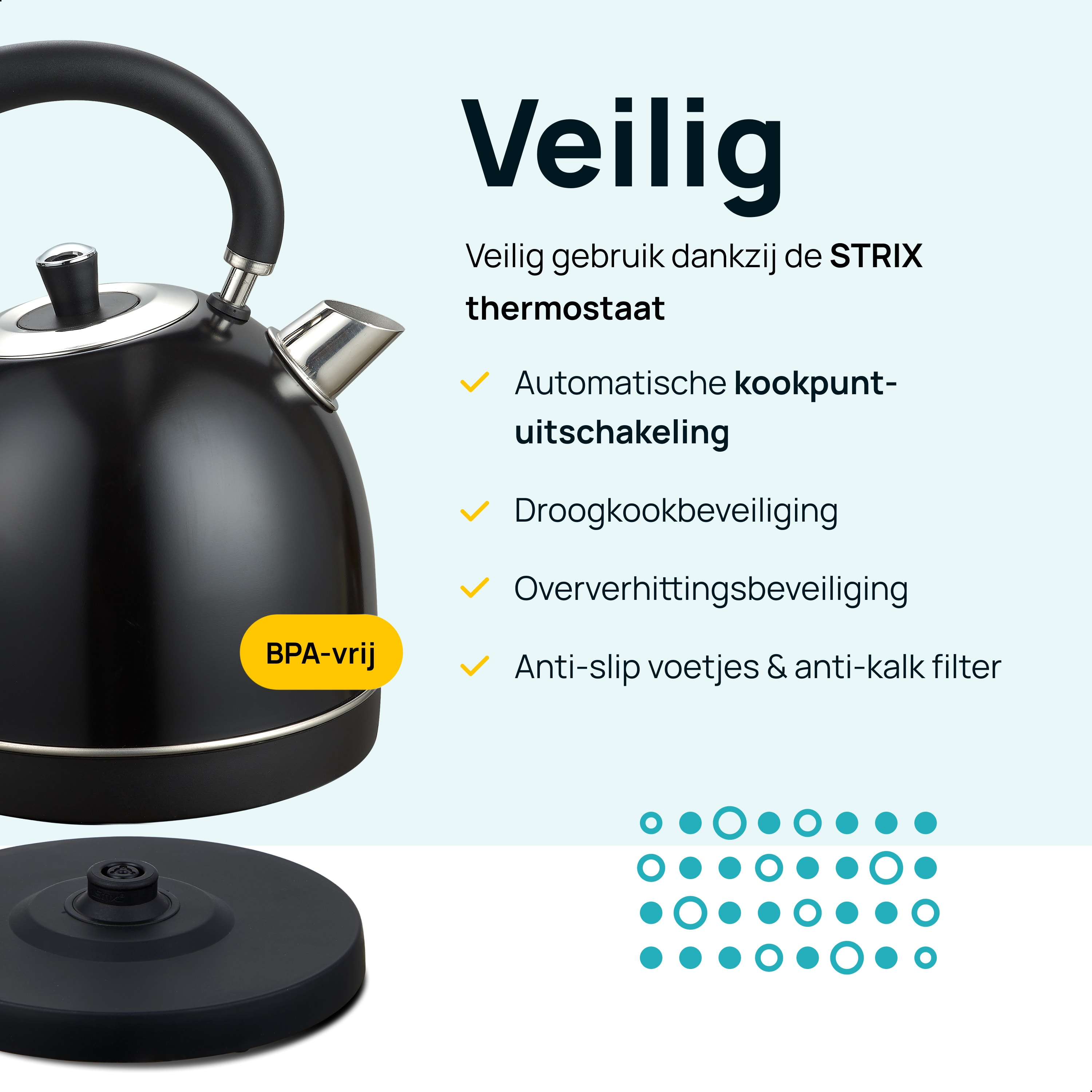 Black kettle on a black base. Text says BPA-free and has other safety features.