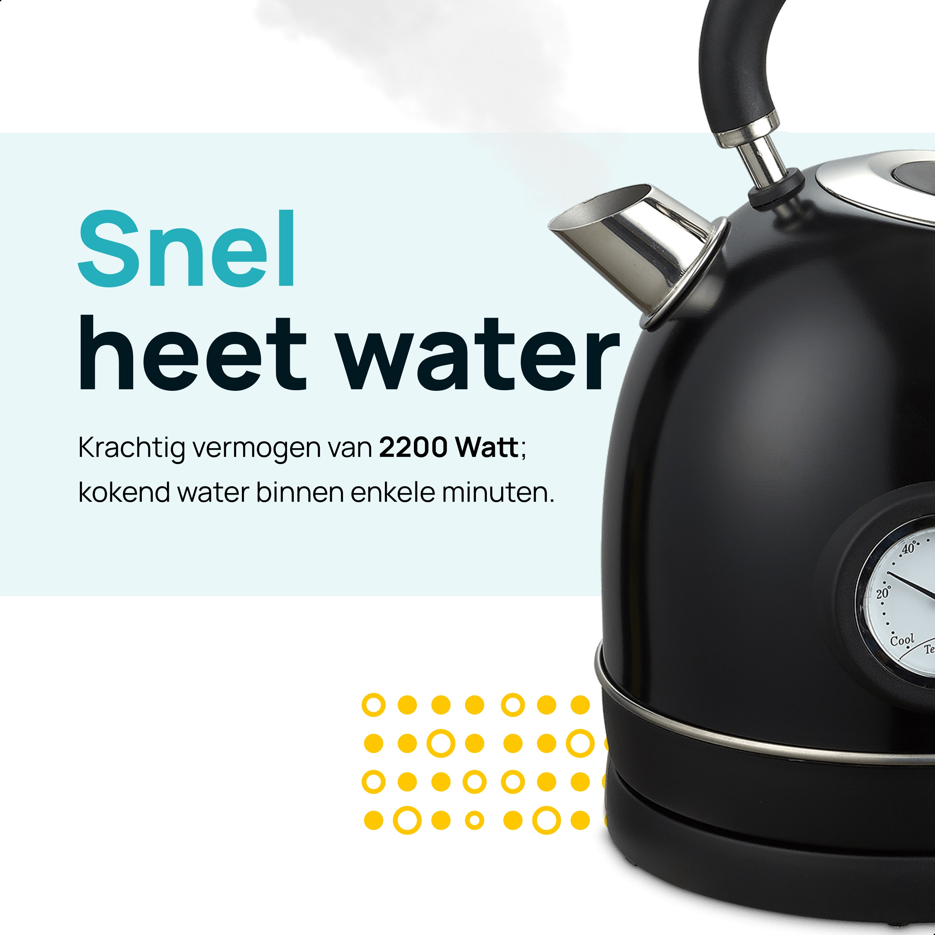 Black kettle with text. The kettle has a thermometer and it heats water in minutes.