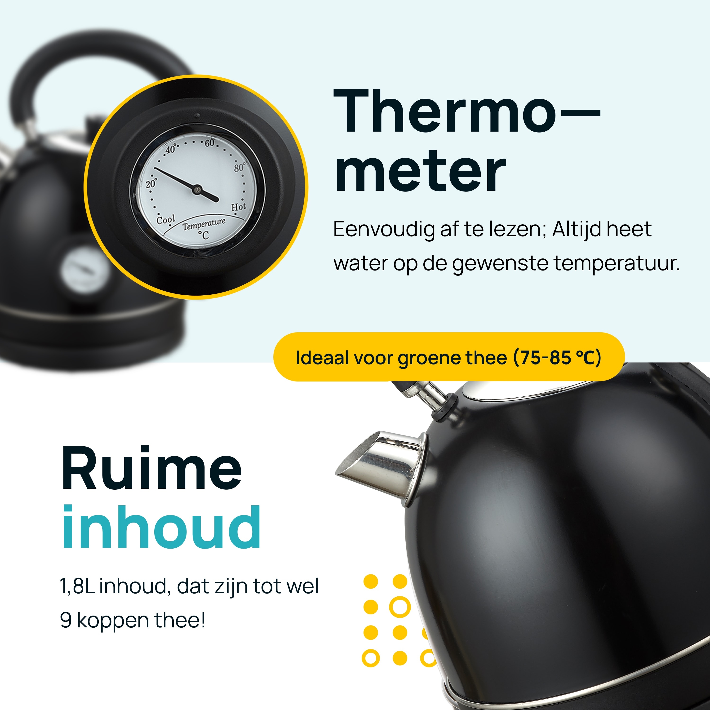 Black kettle with thermometer and text. Text: 'Ruime inhoud', 'Thermometer'.