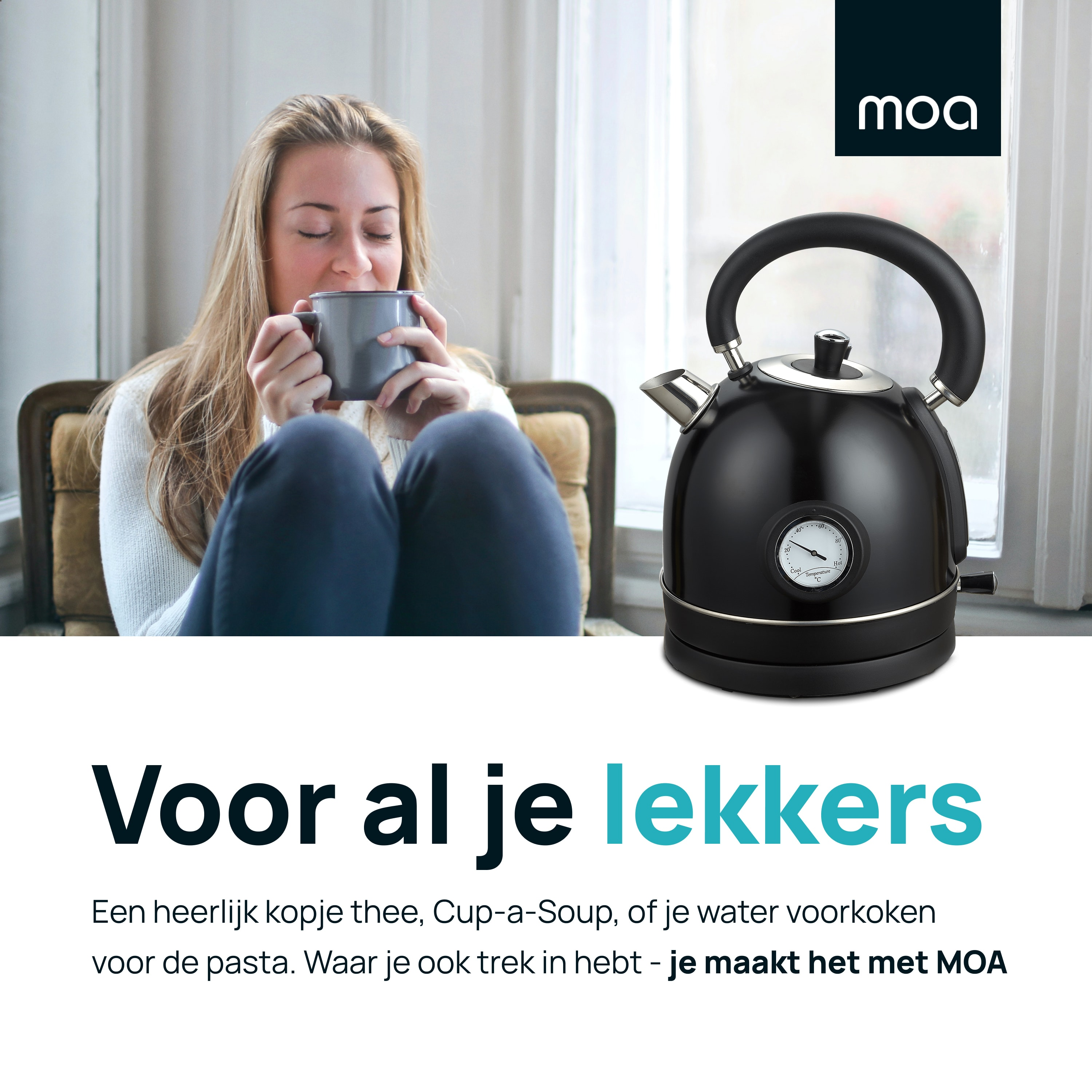 Woman drinking from a mug, a black kettle on the right, text below.