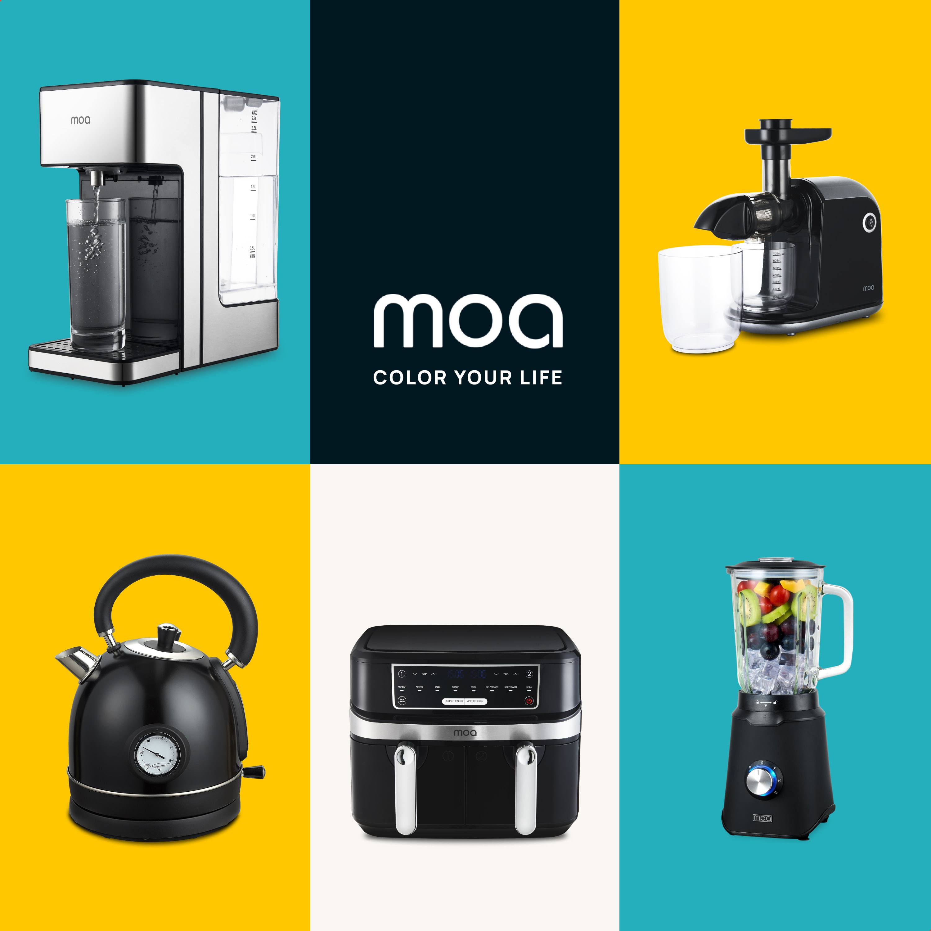 Collage of MOA products: water dispenser, juicer, kettle, air fryer, and blender on colored backgrounds.